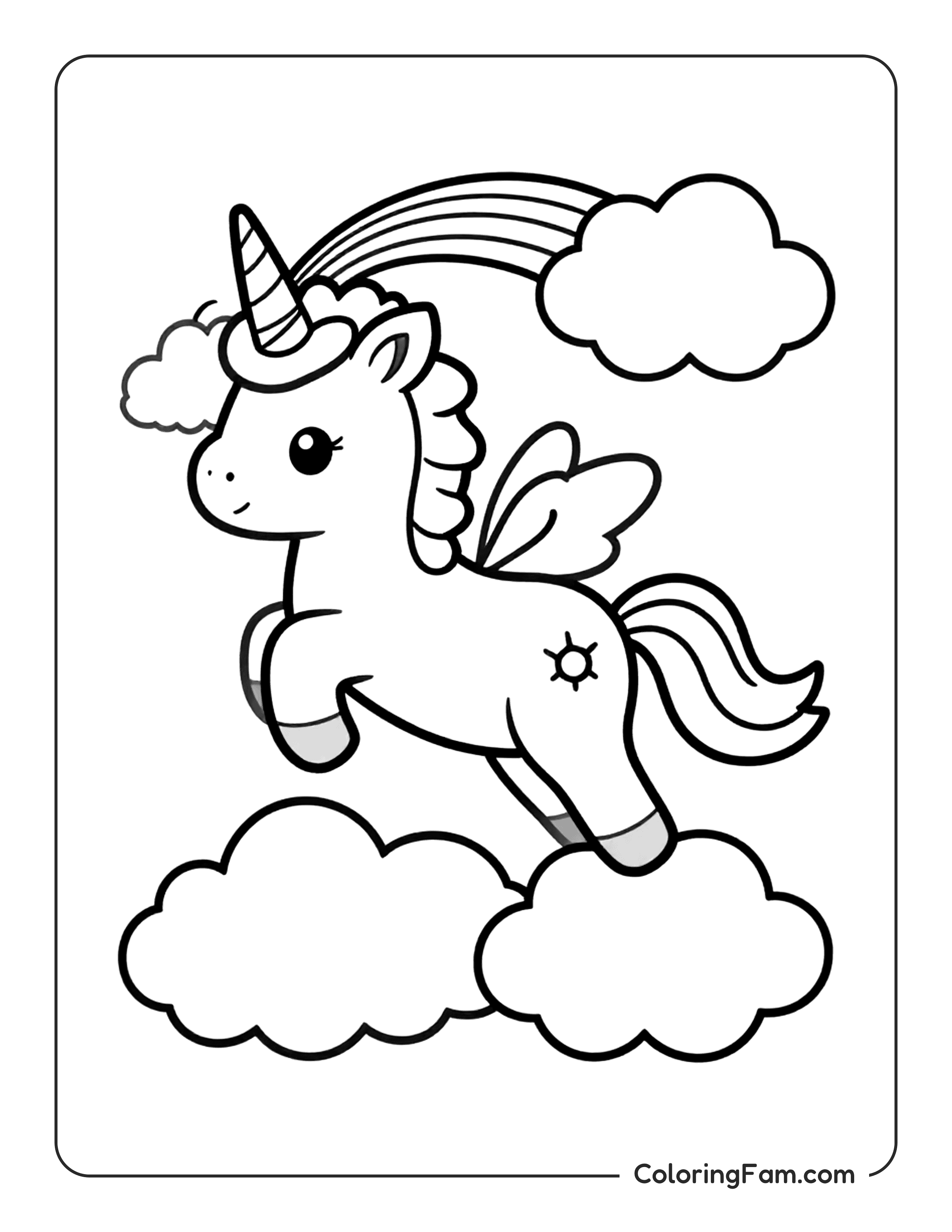 Unicorn Flying Through Clouds Coloring Page Coloringfam