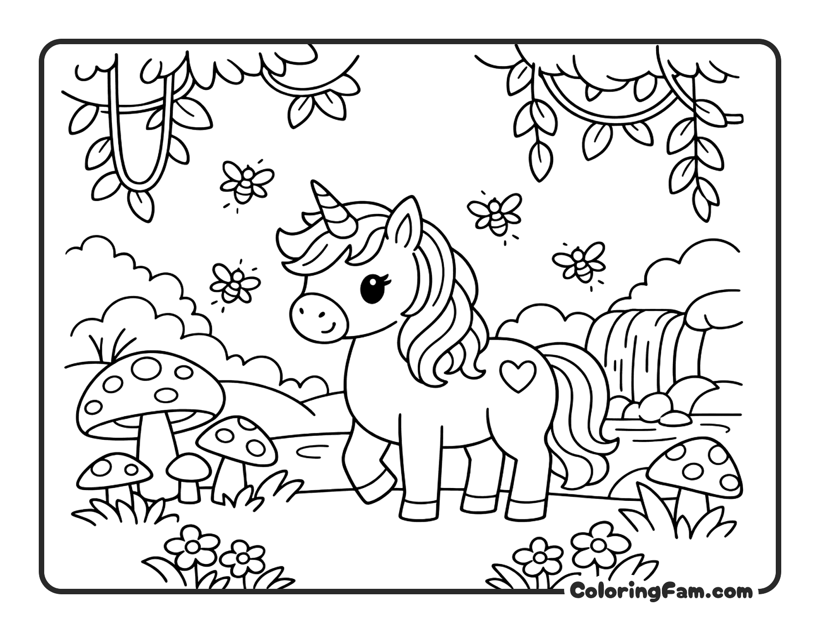 Unicorn In Forest coloring page