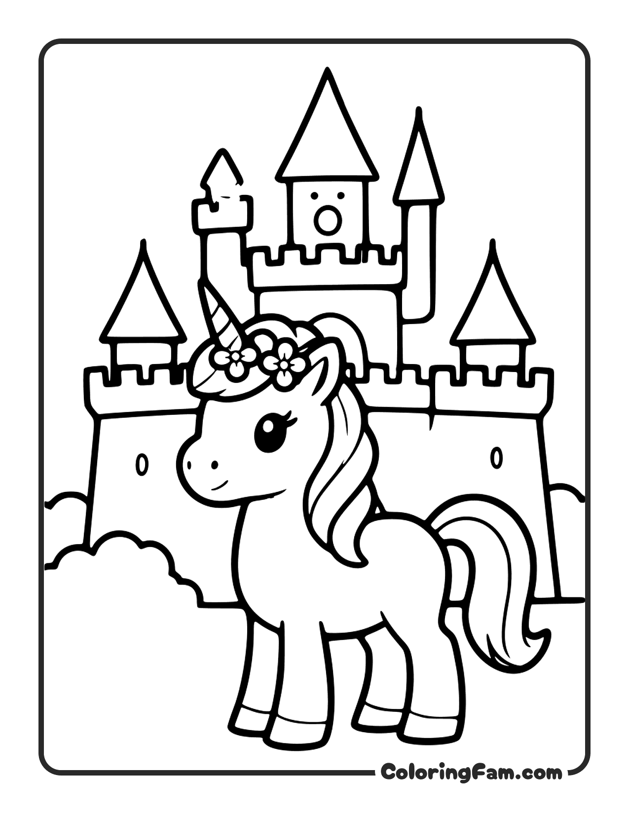 Unicorn In Front Castle coloring page