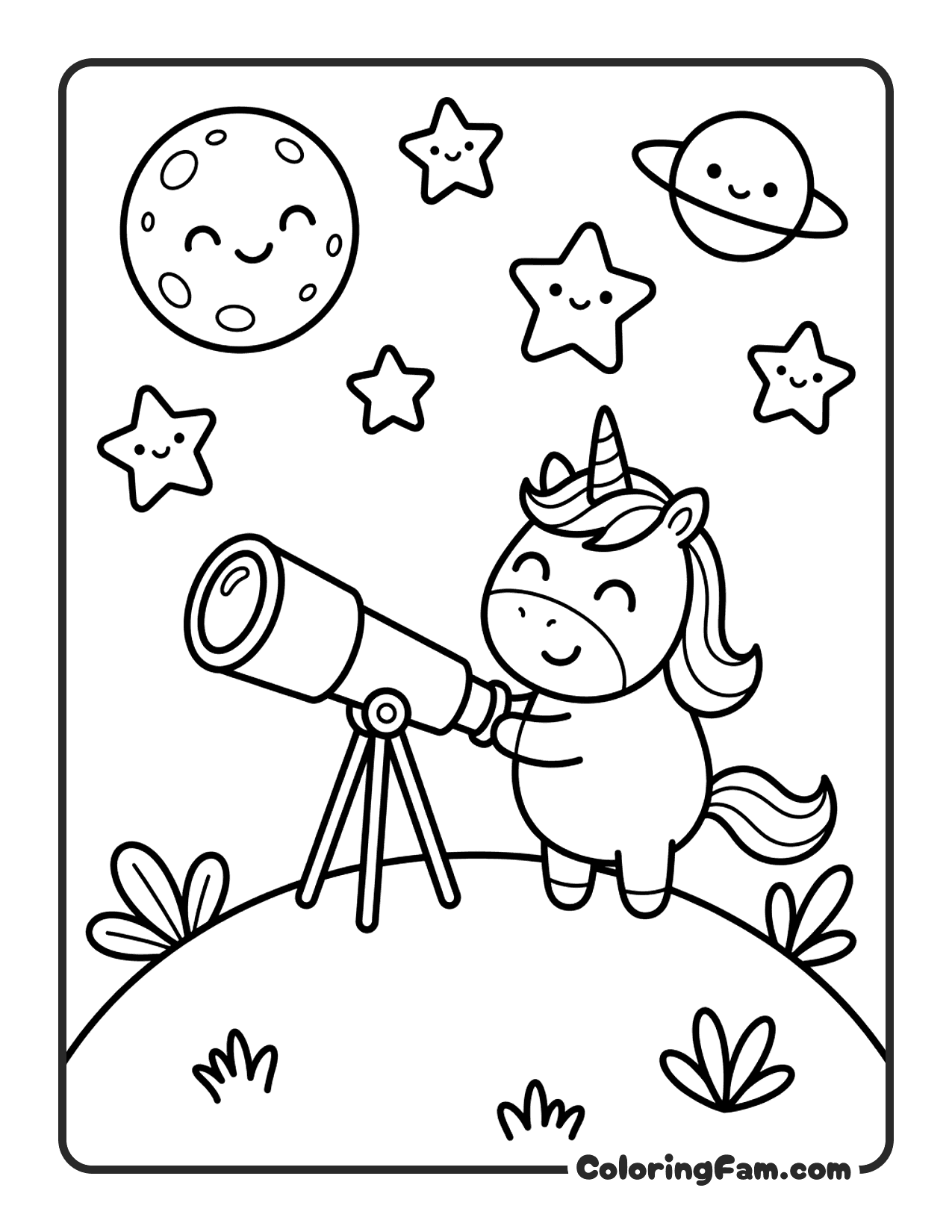 Unicorn Looking Through Telescope coloring page