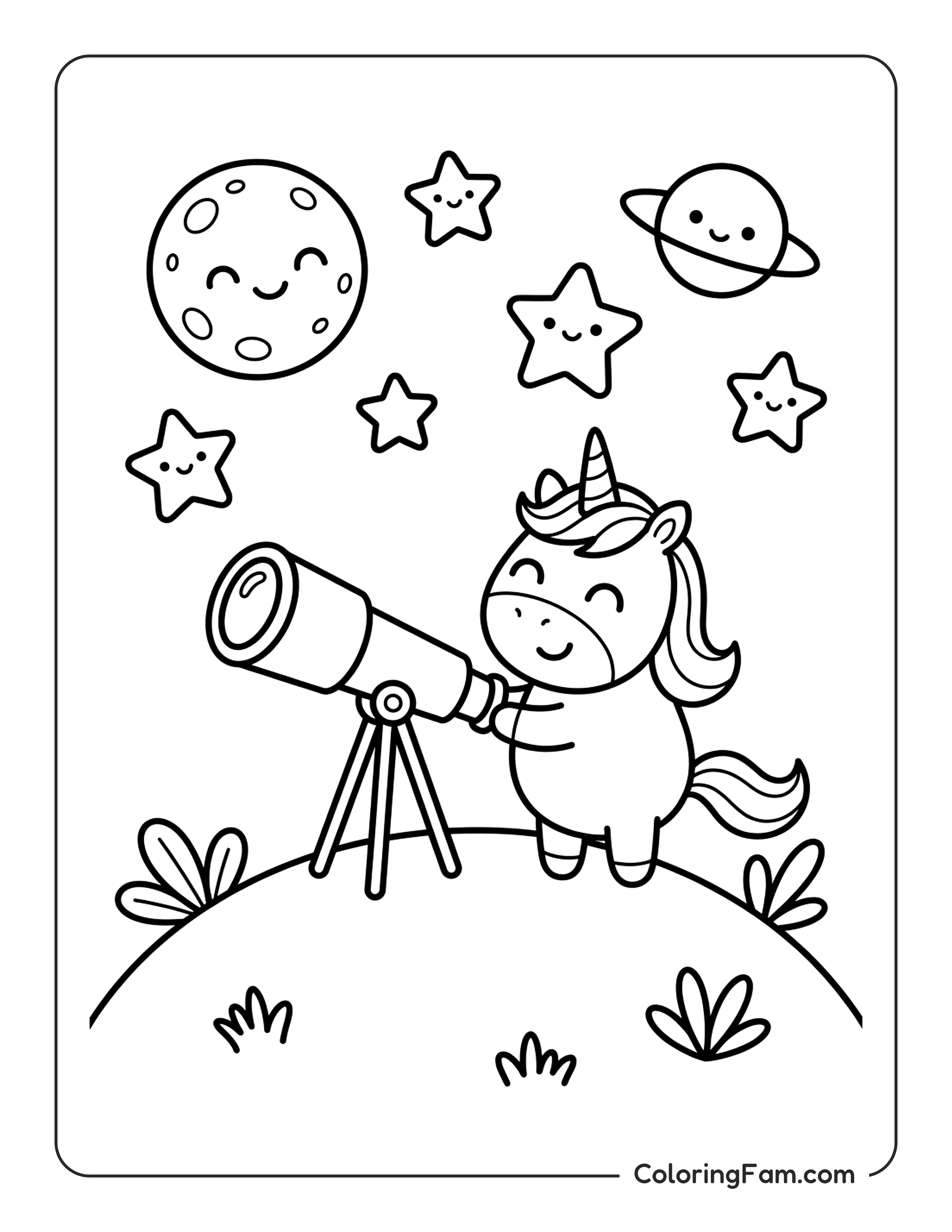 Unicorn Looking Through Telescope Coloring Page Coloringfam