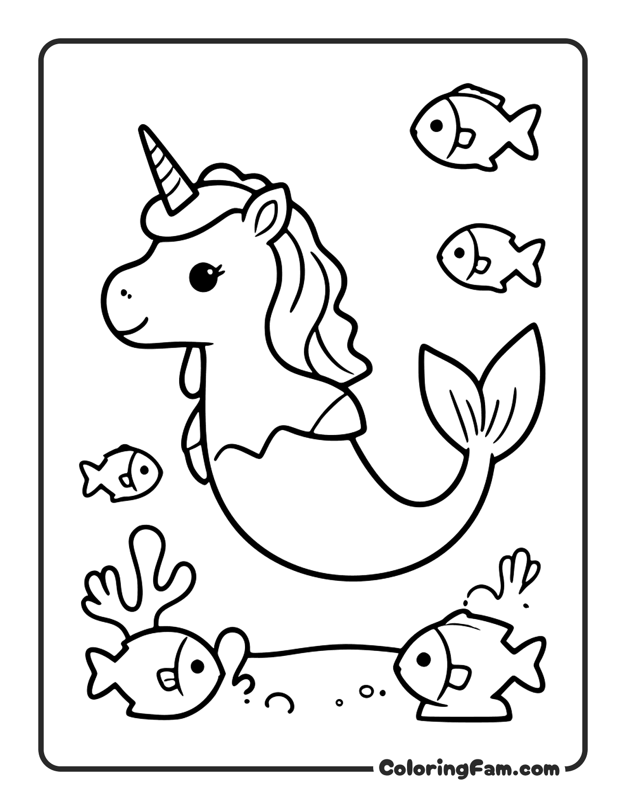 Unicorn Mermaid With Fish coloring page
