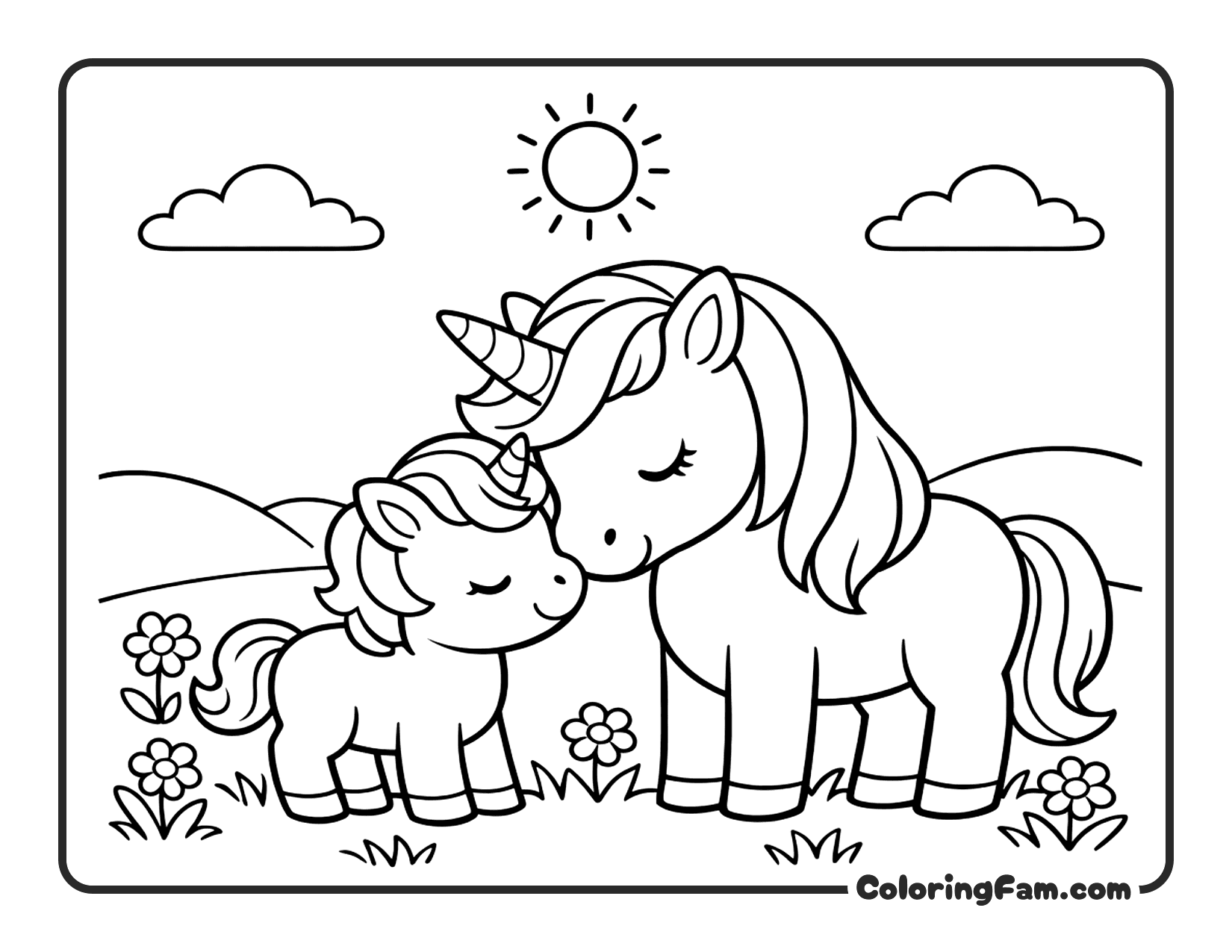 Unicorn Mother Baby In Field coloring page