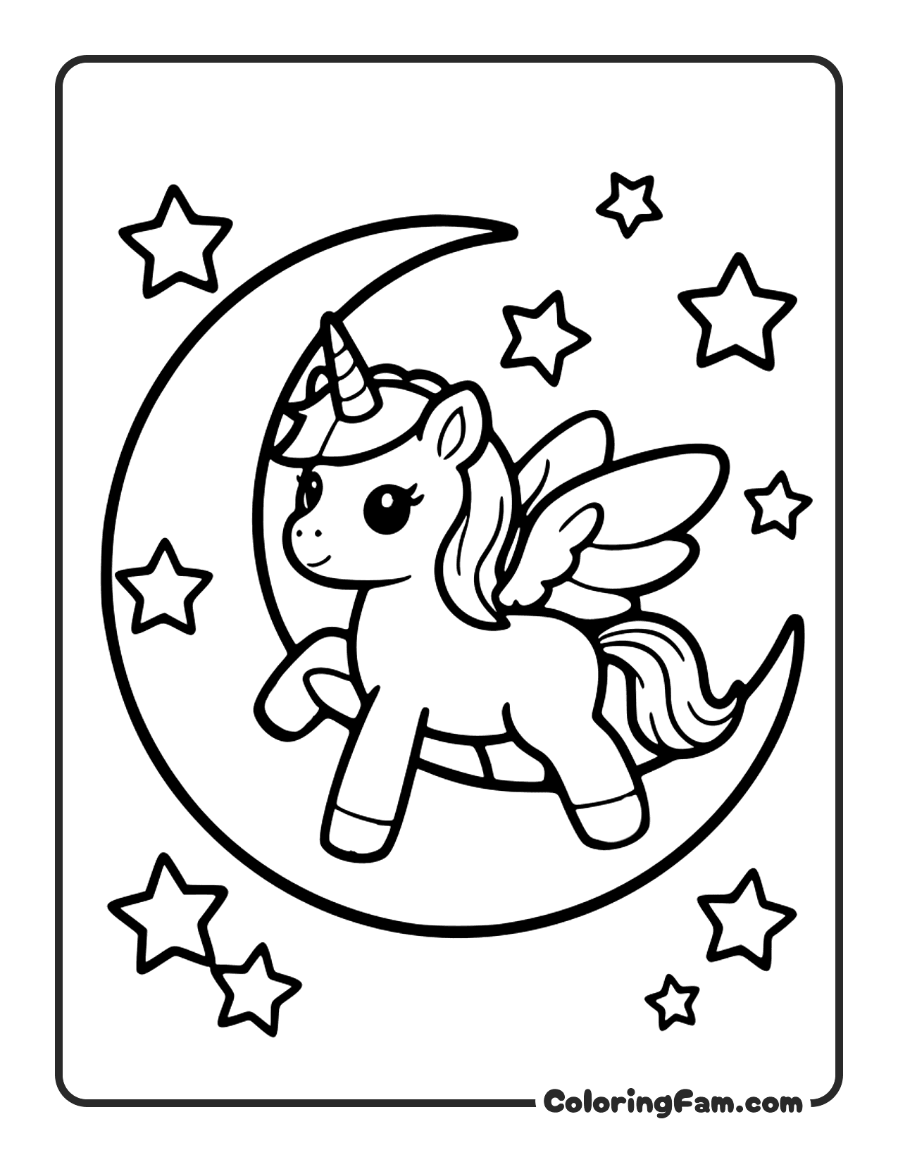 Unicorn On Moon With Stars coloring page
