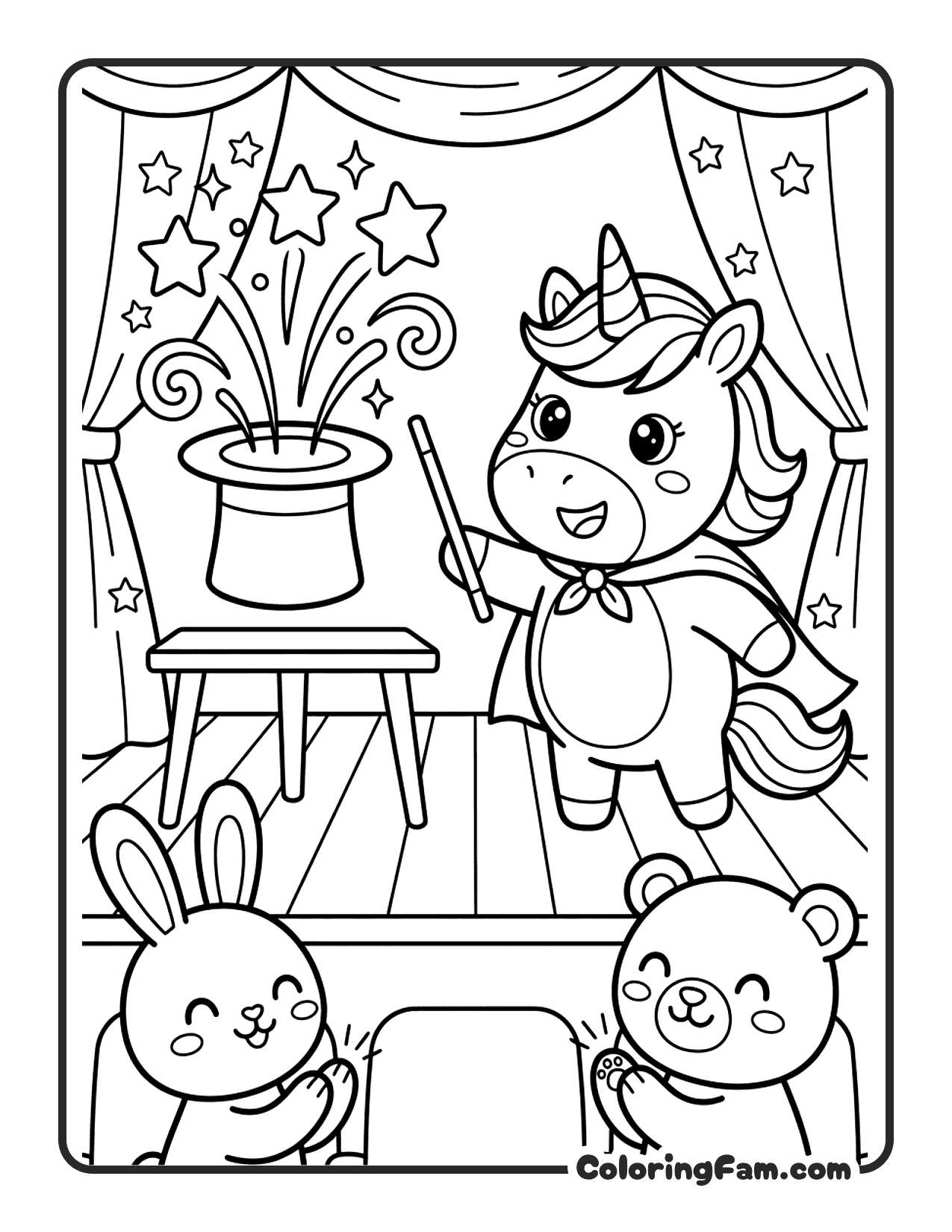 Unicorn Performing Magic Trick coloring page