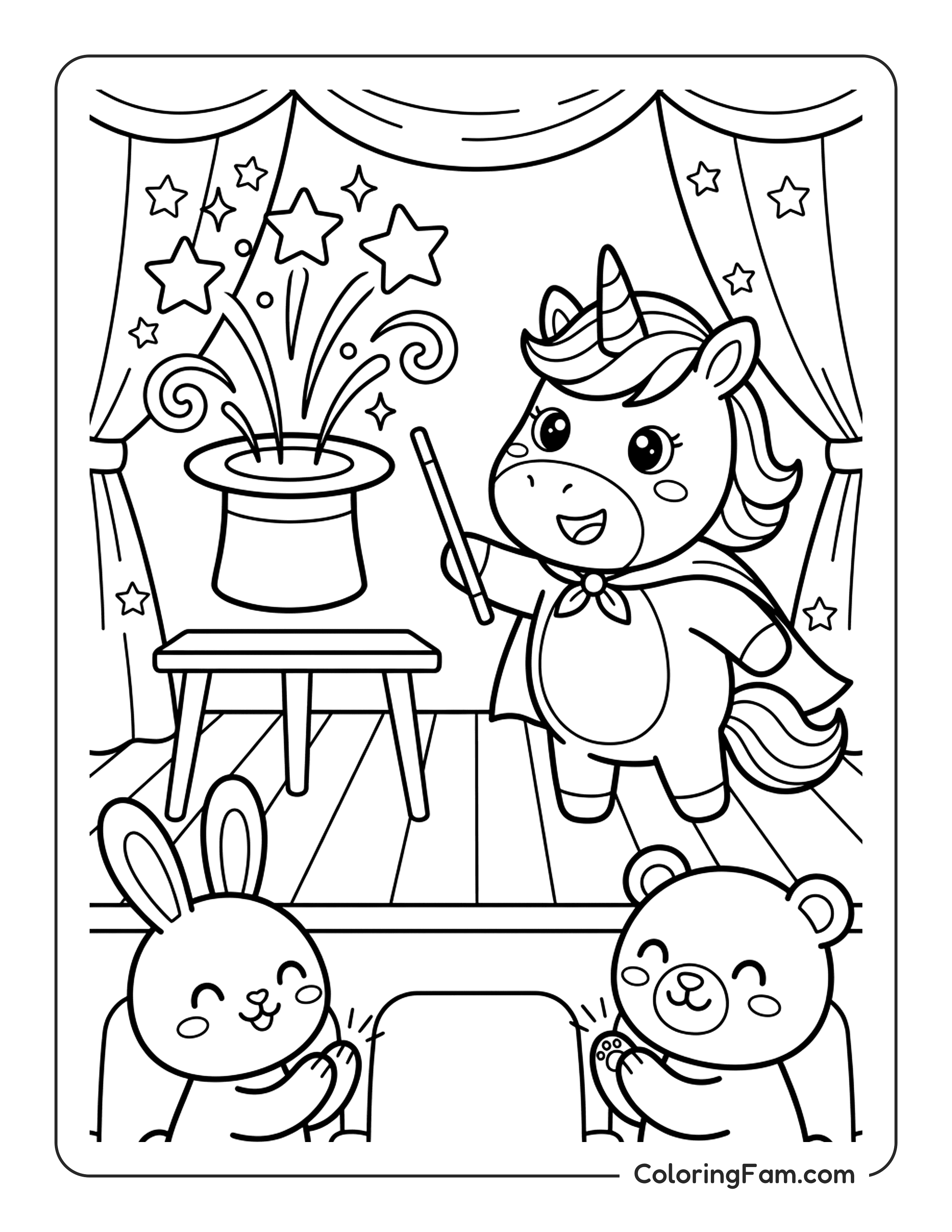 Unicorn Performing Magic Trick coloring page
