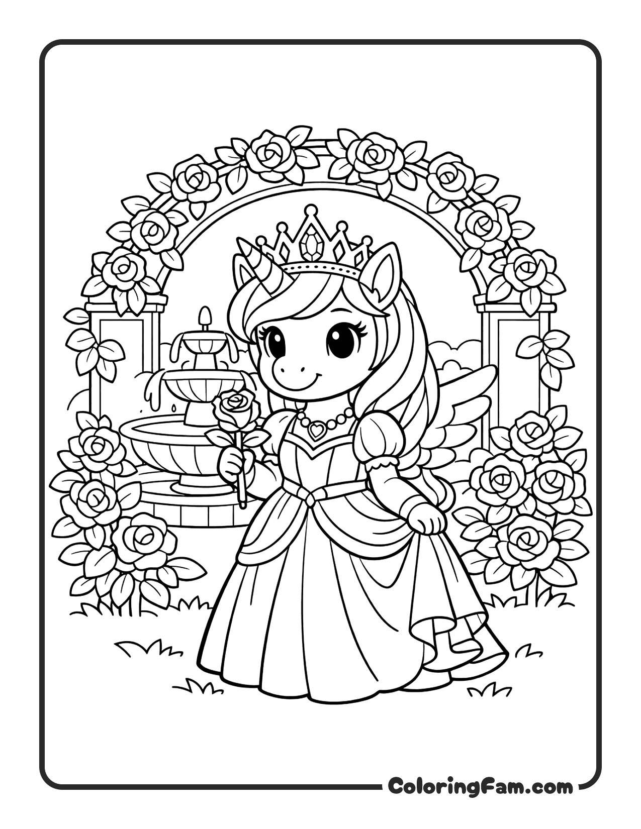 Unicorn Princess With Rose coloring page
