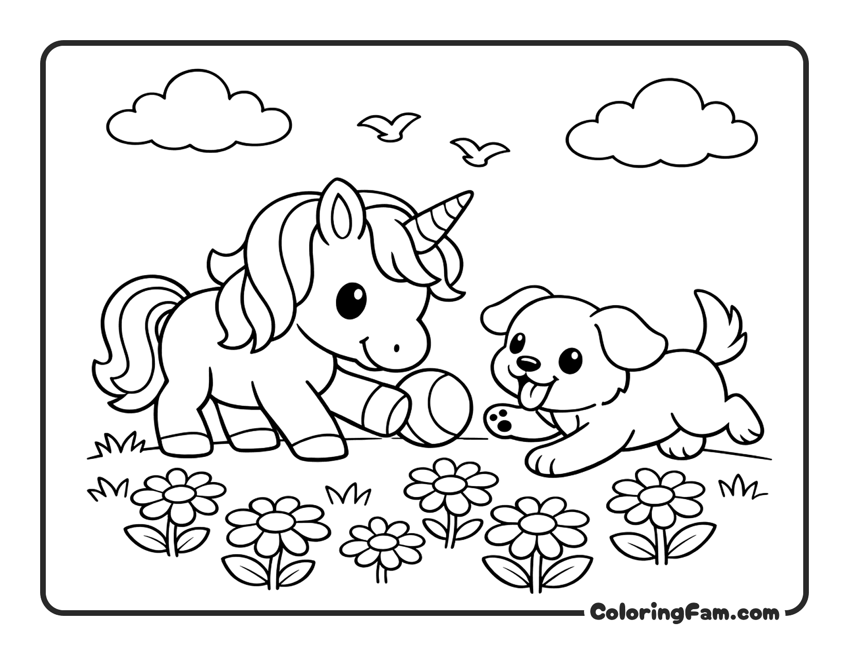 Unicorn Puppy Playing Ball coloring page