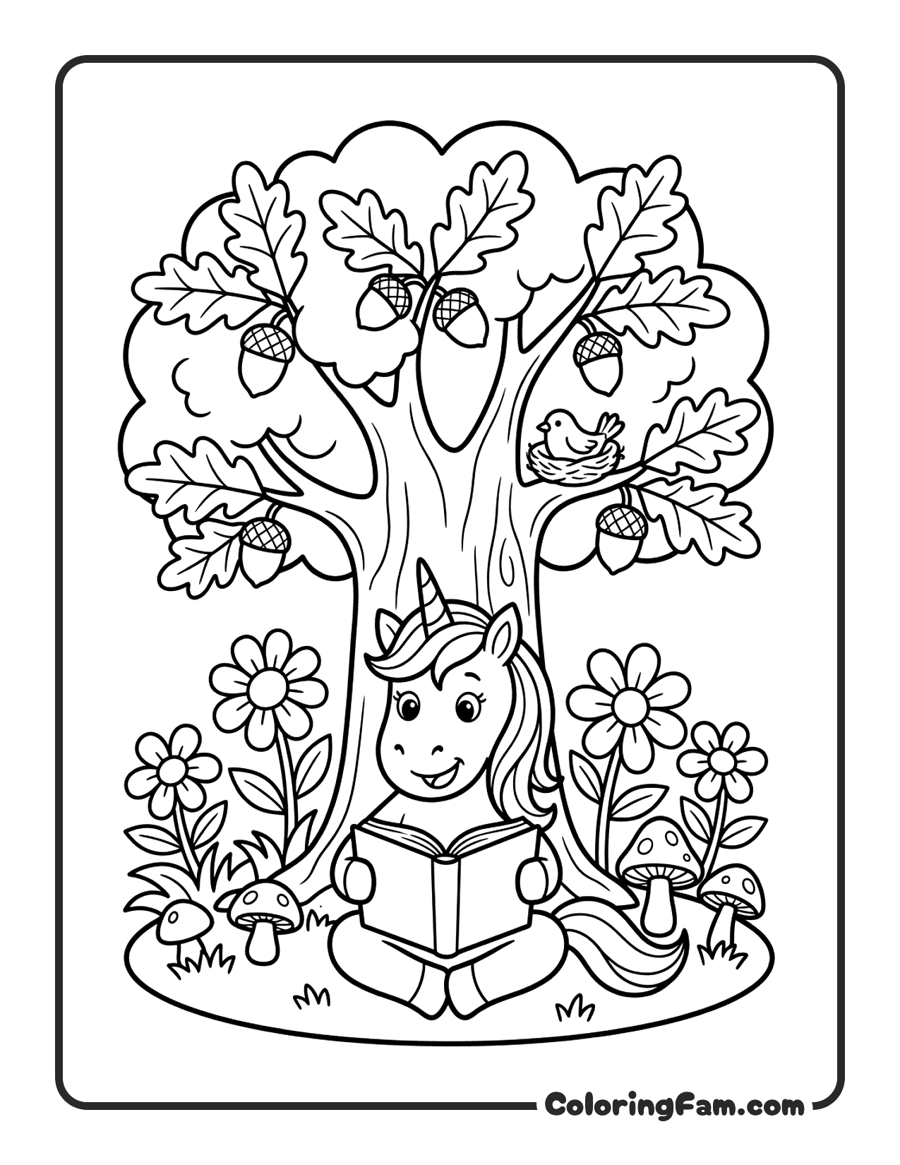 Unicorn Reading Book Under Tree coloring page