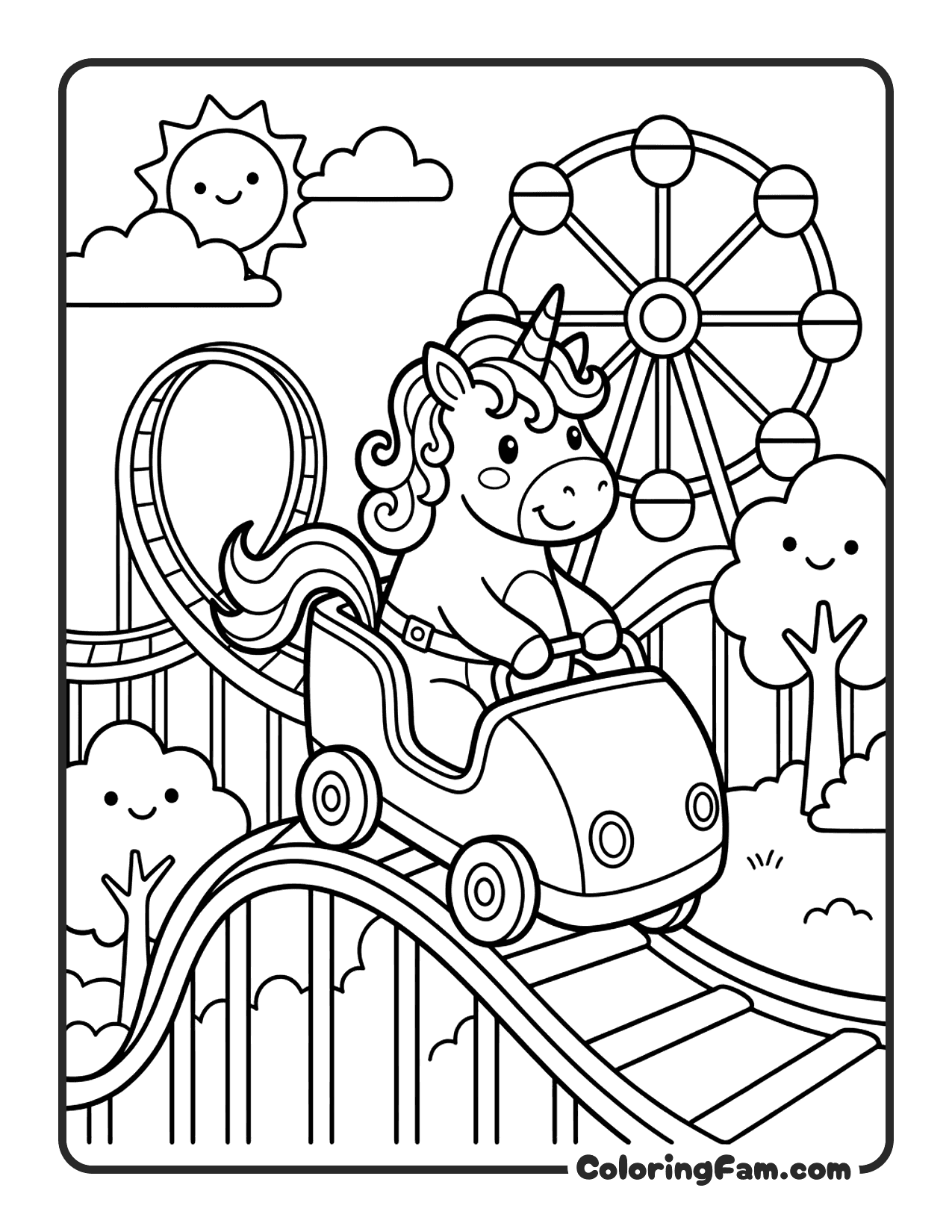 Unicorn Riding Rollercoaster coloring page