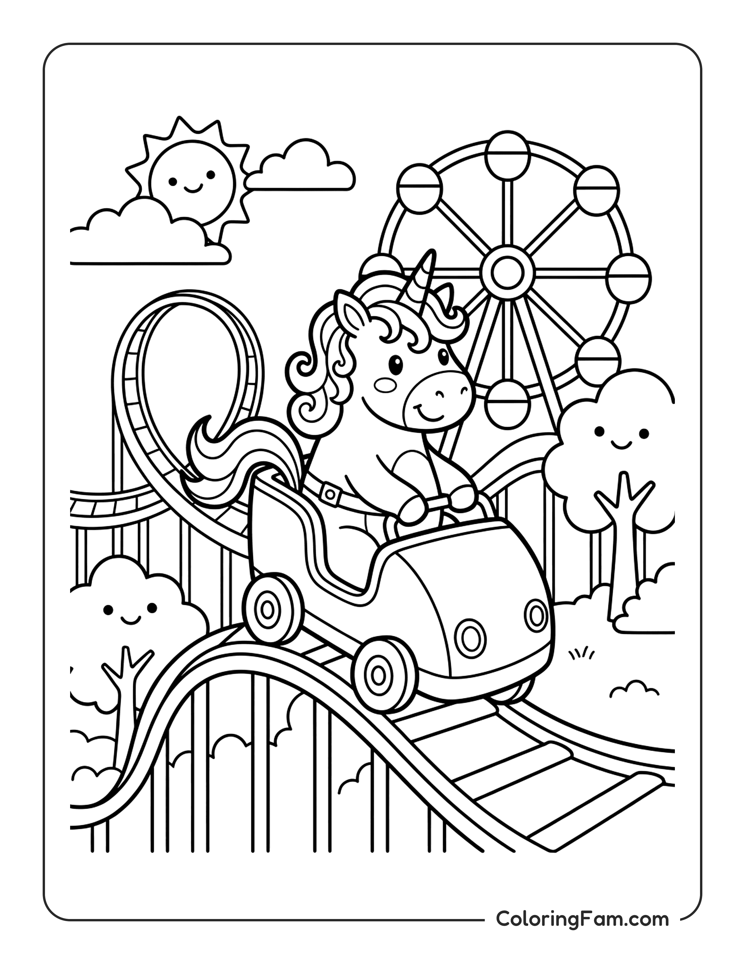 Unicorn Riding Rollercoaster Coloring Page Coloringfam