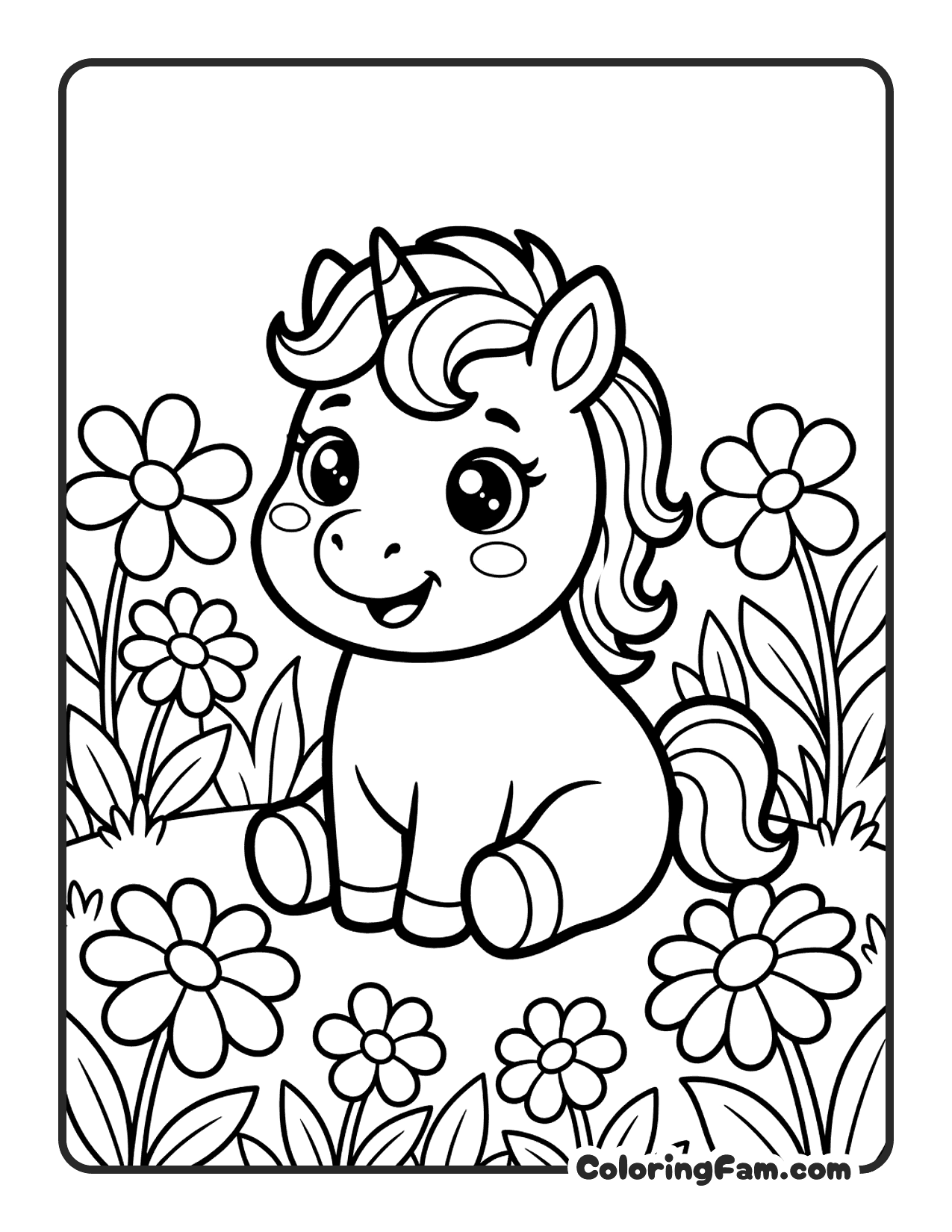 Unicorn Sitting In Flowers coloring page