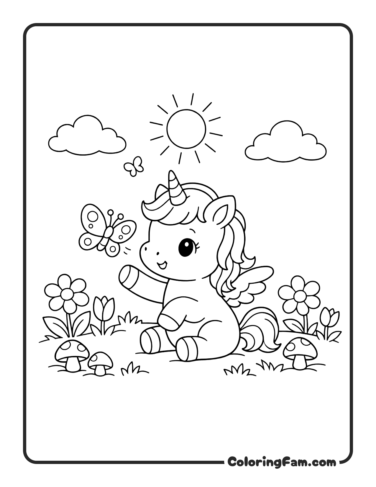 Unicorn Sitting With Butterfly coloring page