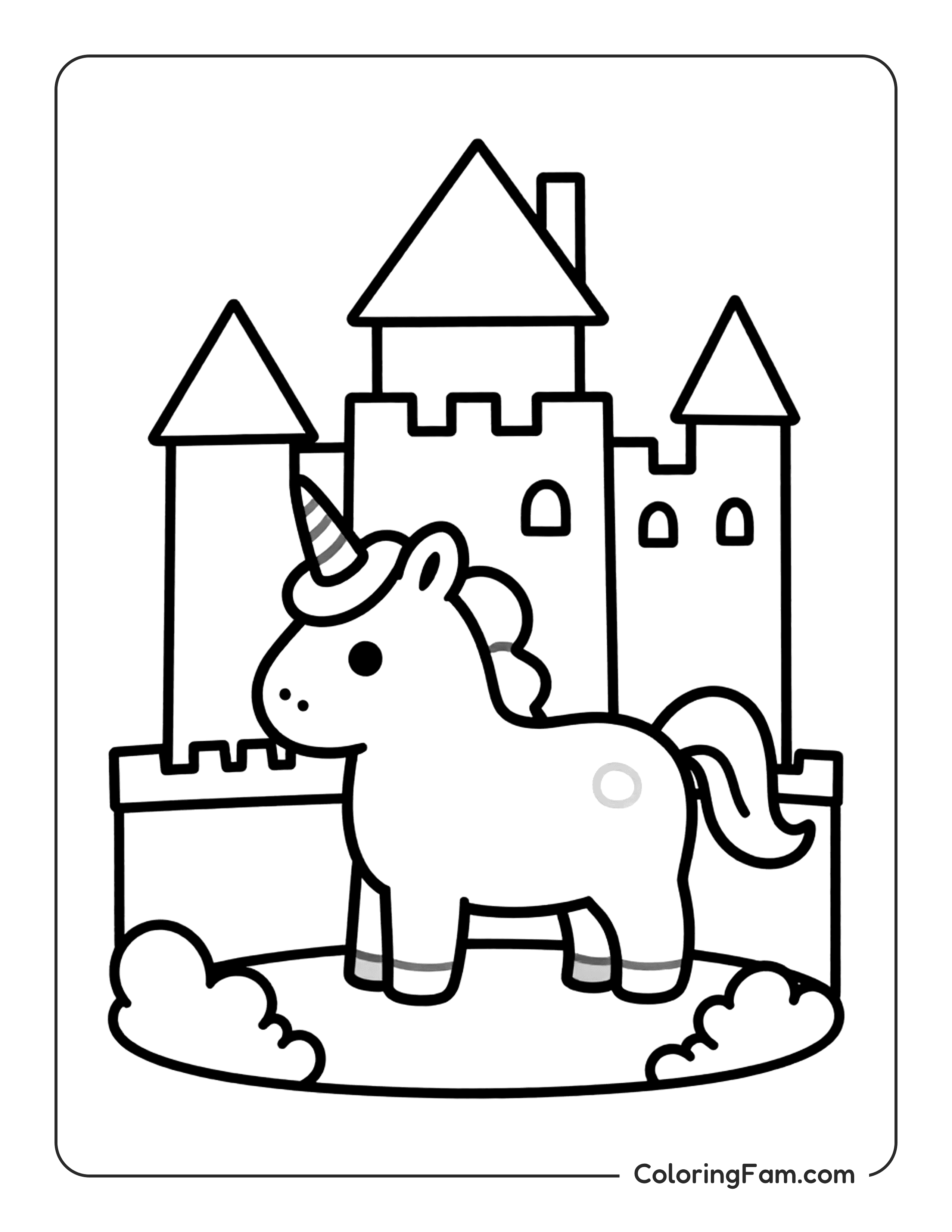 Unicorn Standing In Front Castle Coloring Page Coloringfam