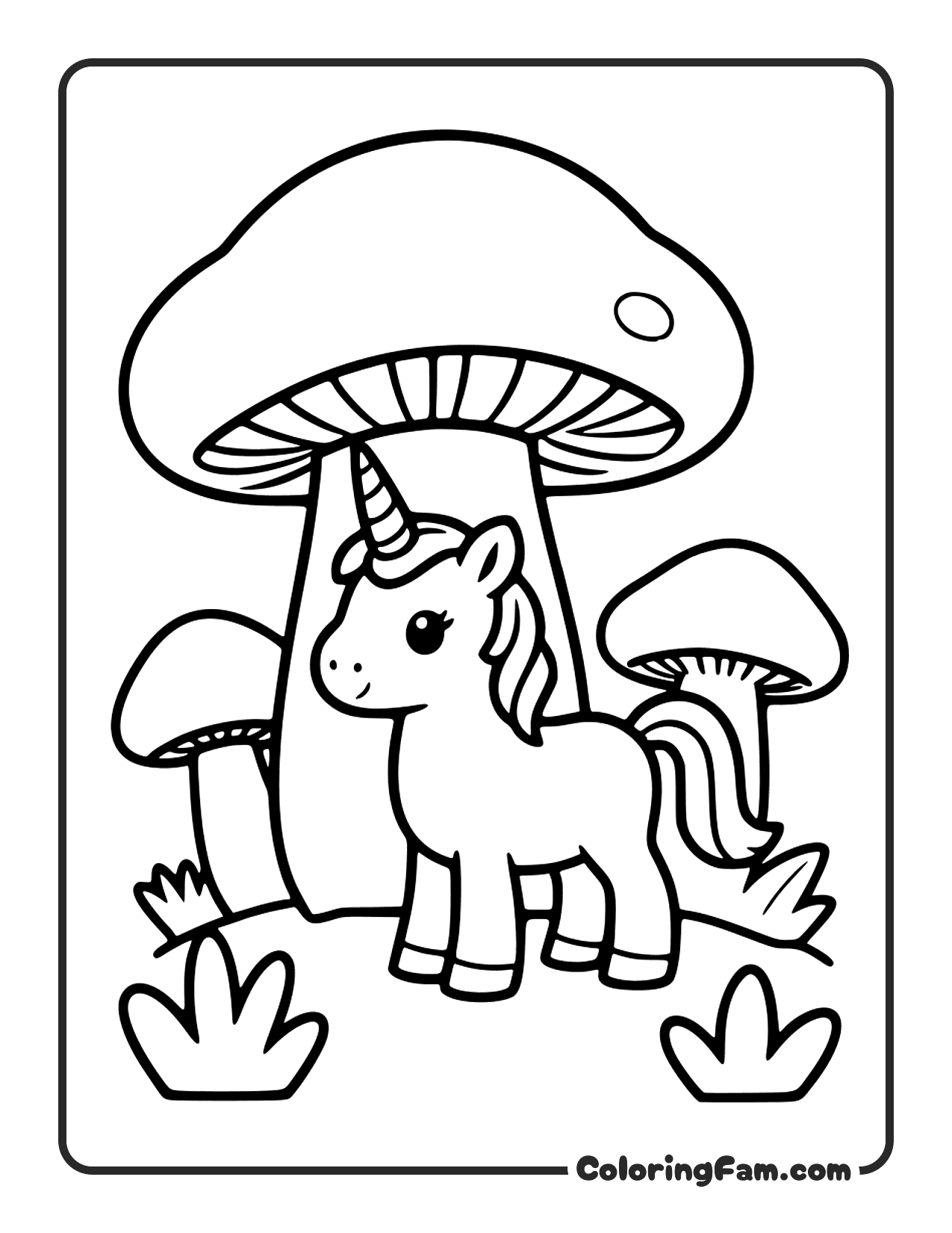 Unicorn Under Mushroom coloring page