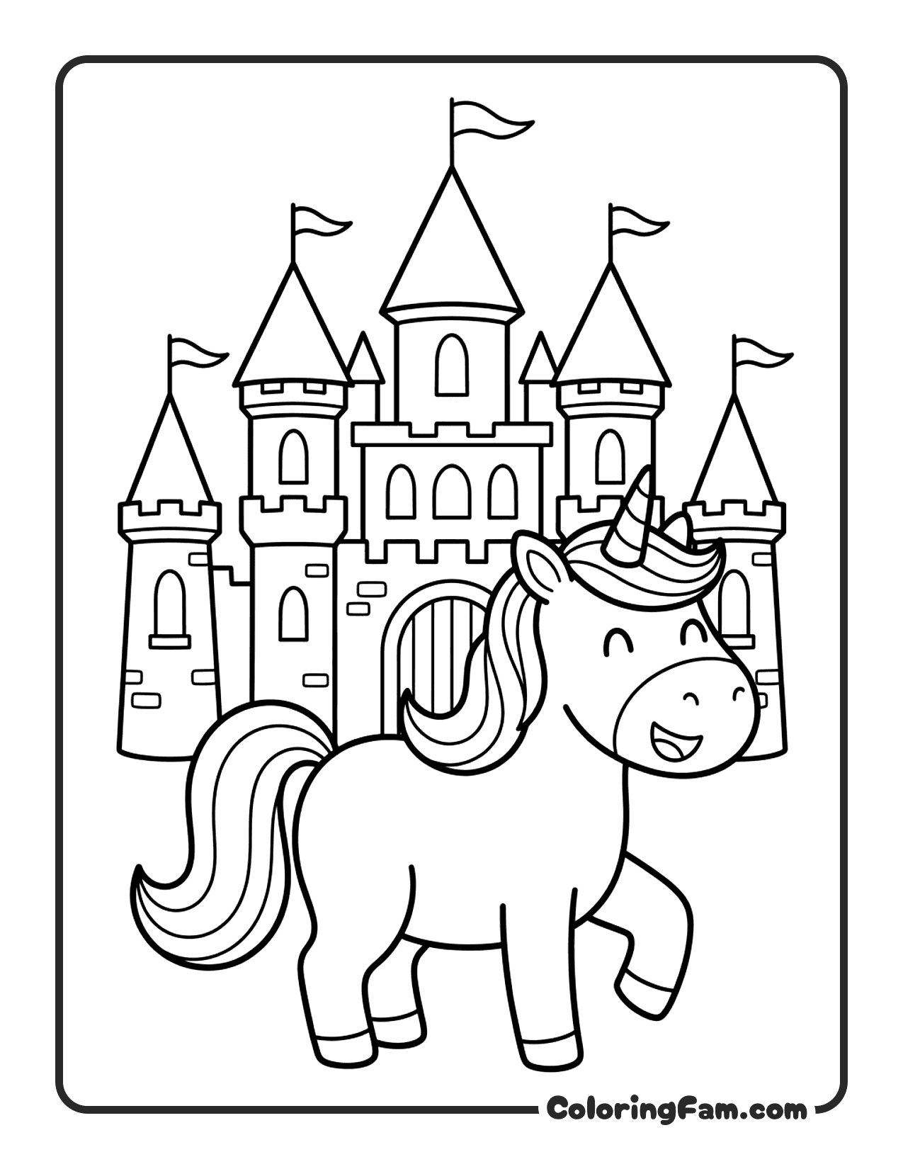 Unicorn Walking Front Castle coloring page