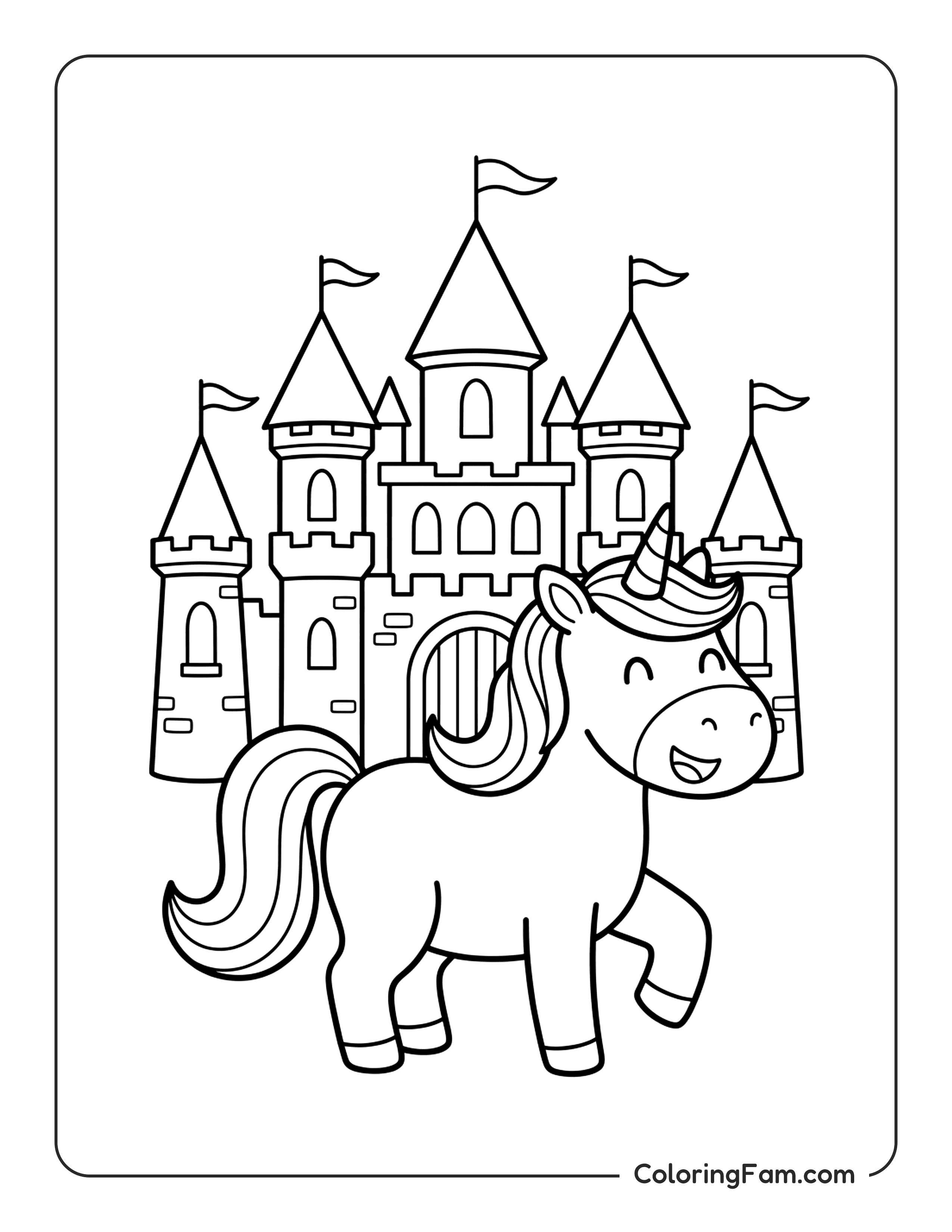 Unicorn Walking Front Castle Coloring Page Coloringfam