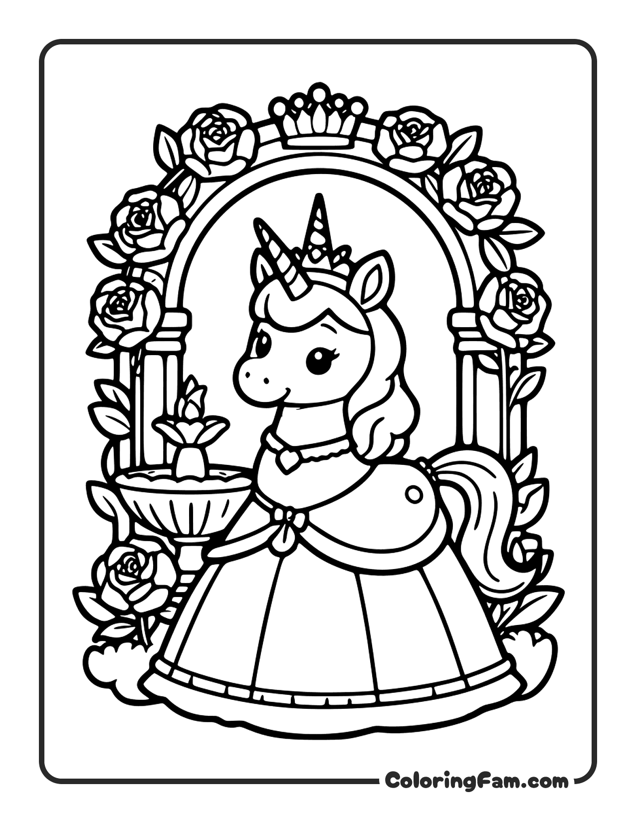 Unicorn Wearing Dress With Roses coloring page
