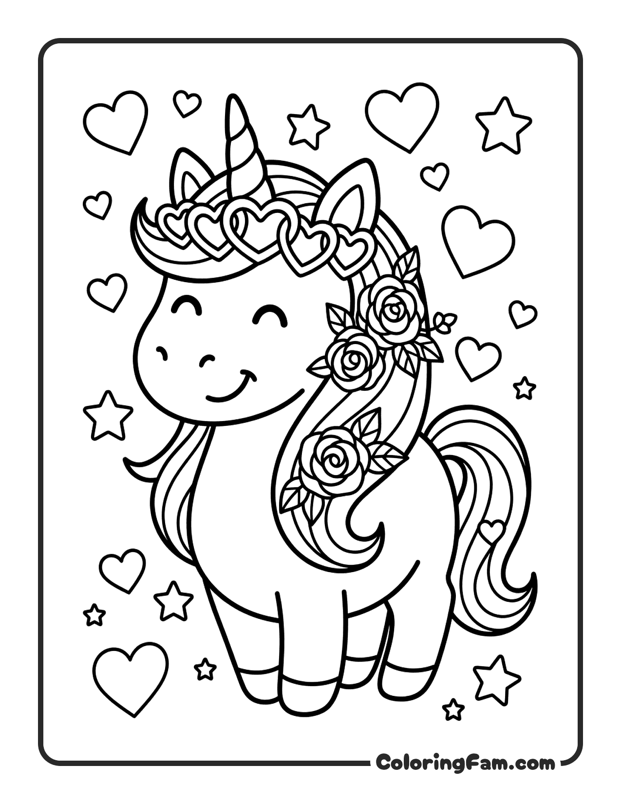 Unicorn Wearing Hearts And Roses coloring page