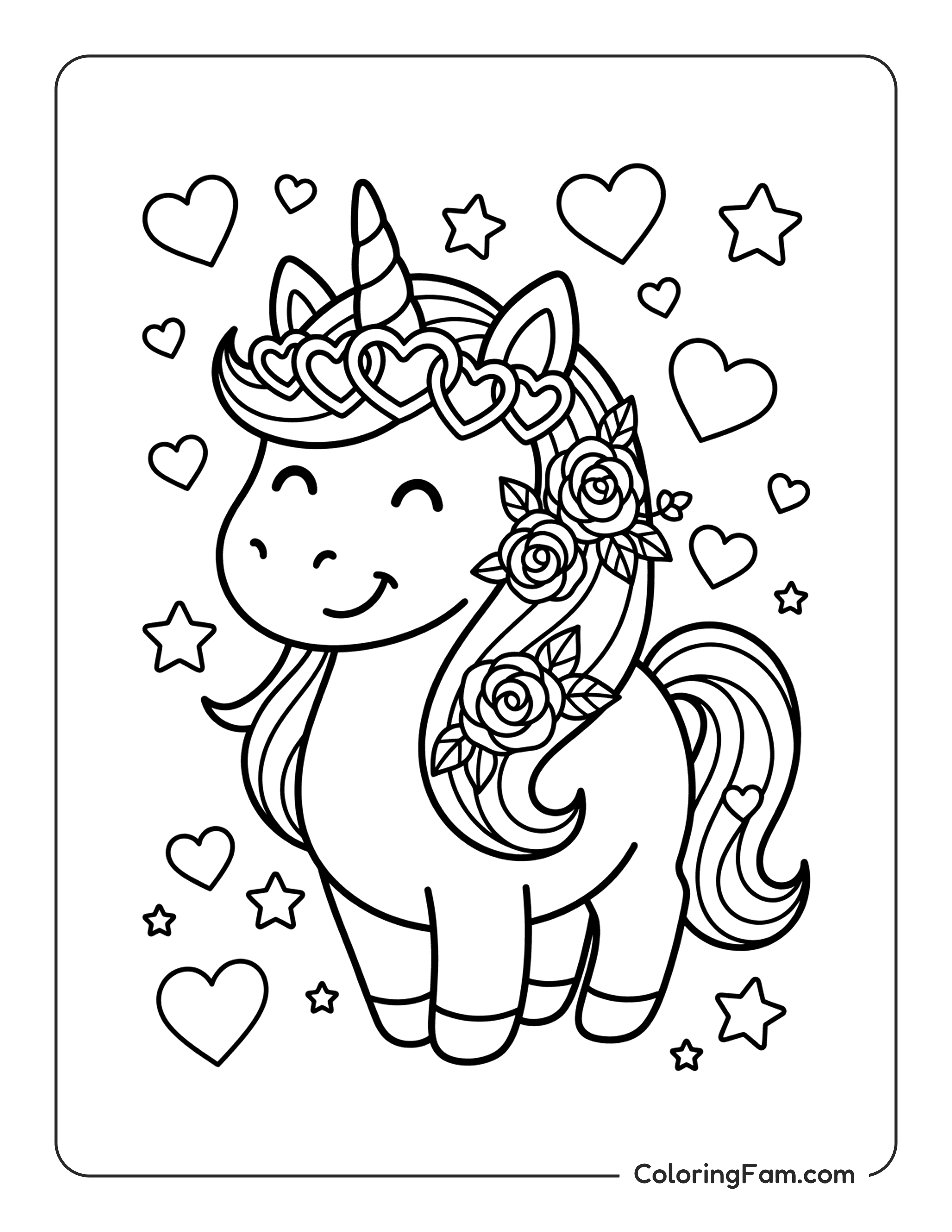 Unicorn Wearing Hearts And Roses coloring page