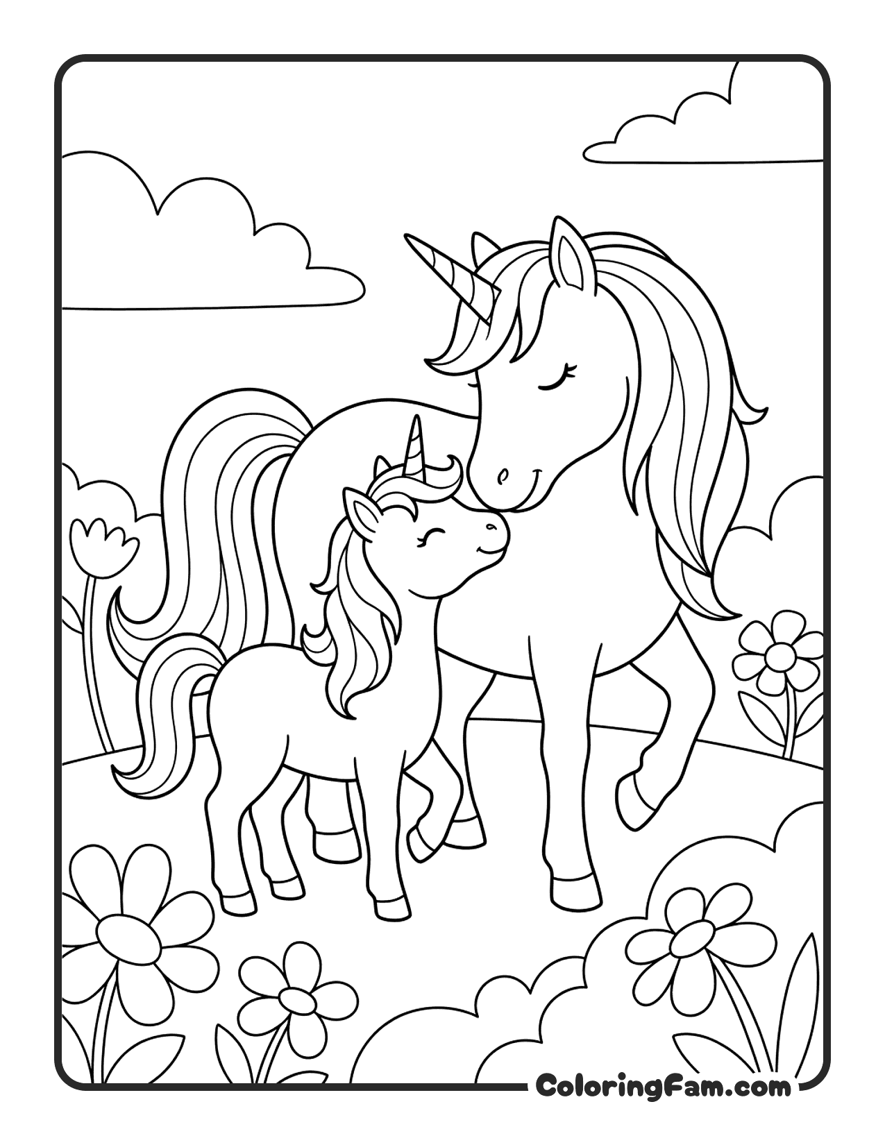 Unicorn With Baby In Garden coloring page