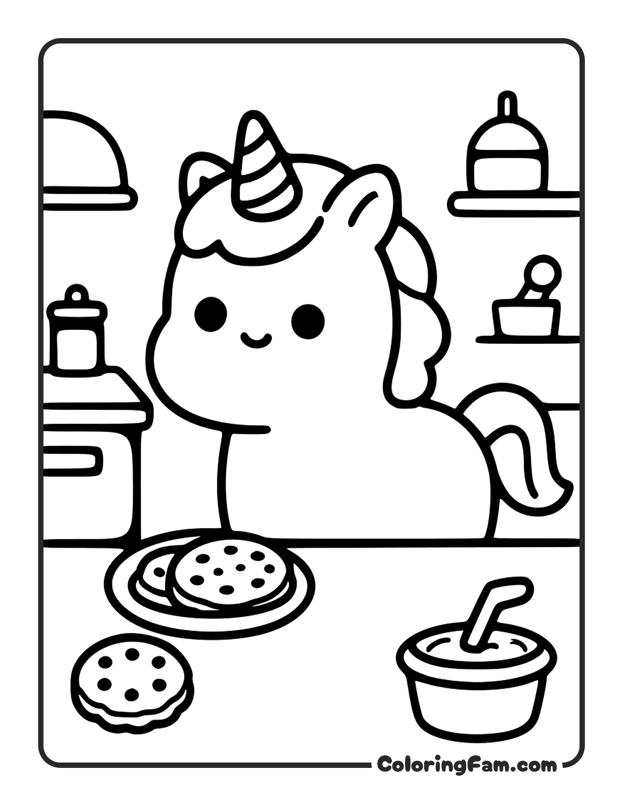 Unicorn With Cookies And Drink coloring page