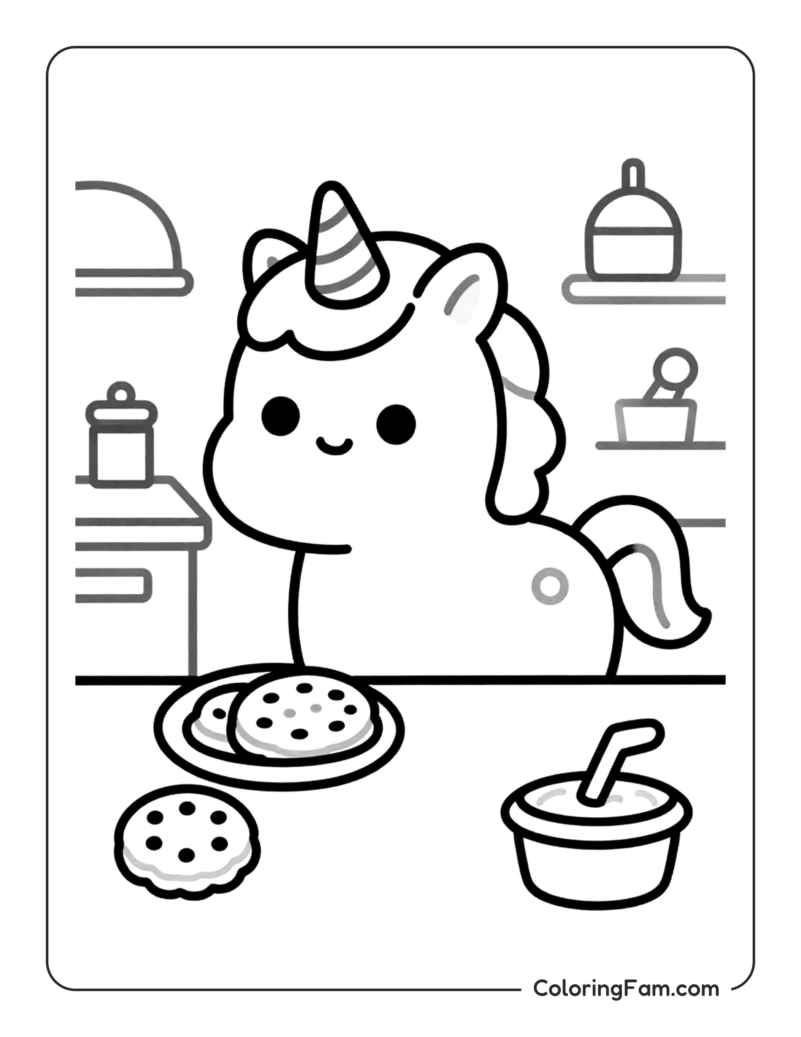 Unicorn With Cookies And Drink Coloring Page Coloringfam
