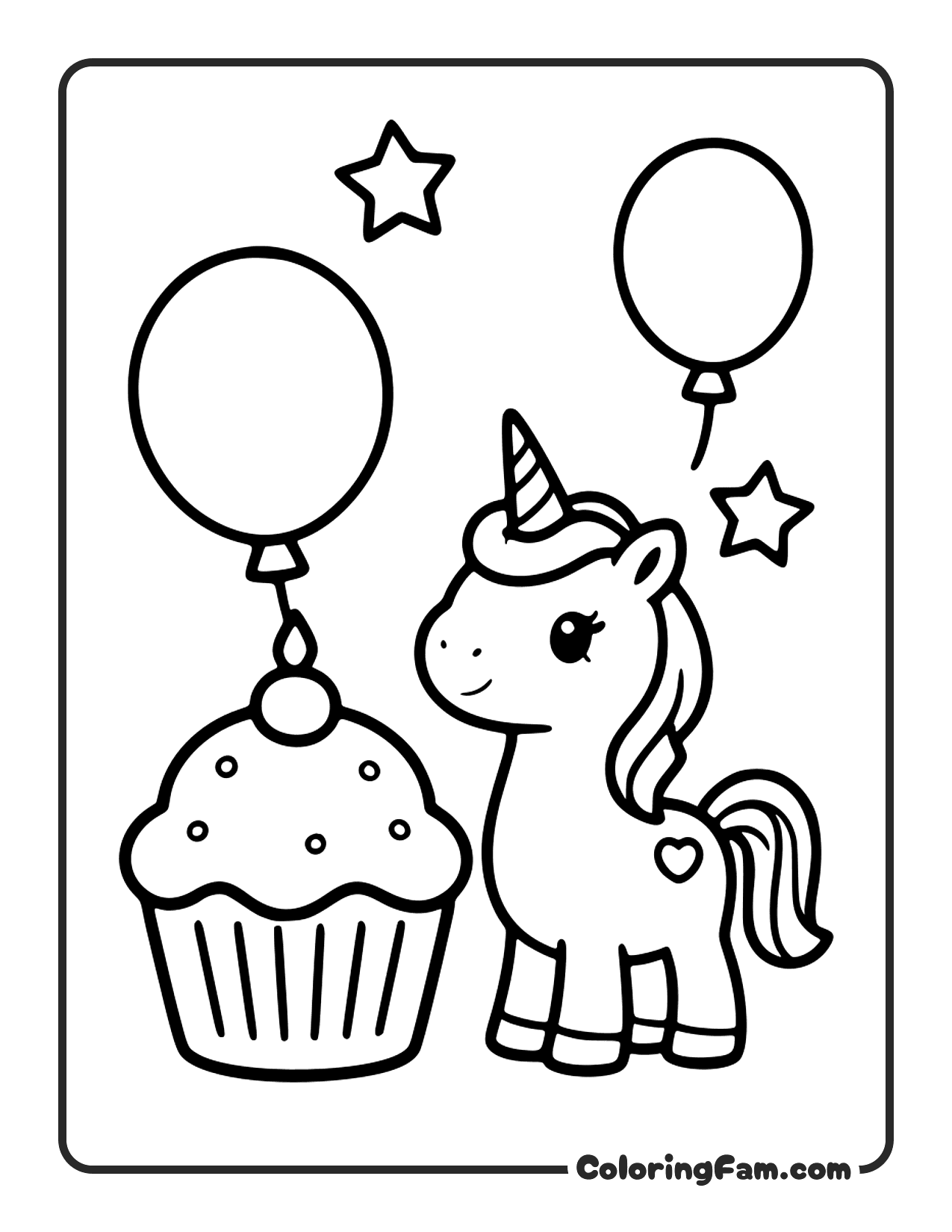 Unicorn With Cupcake Balloons coloring page