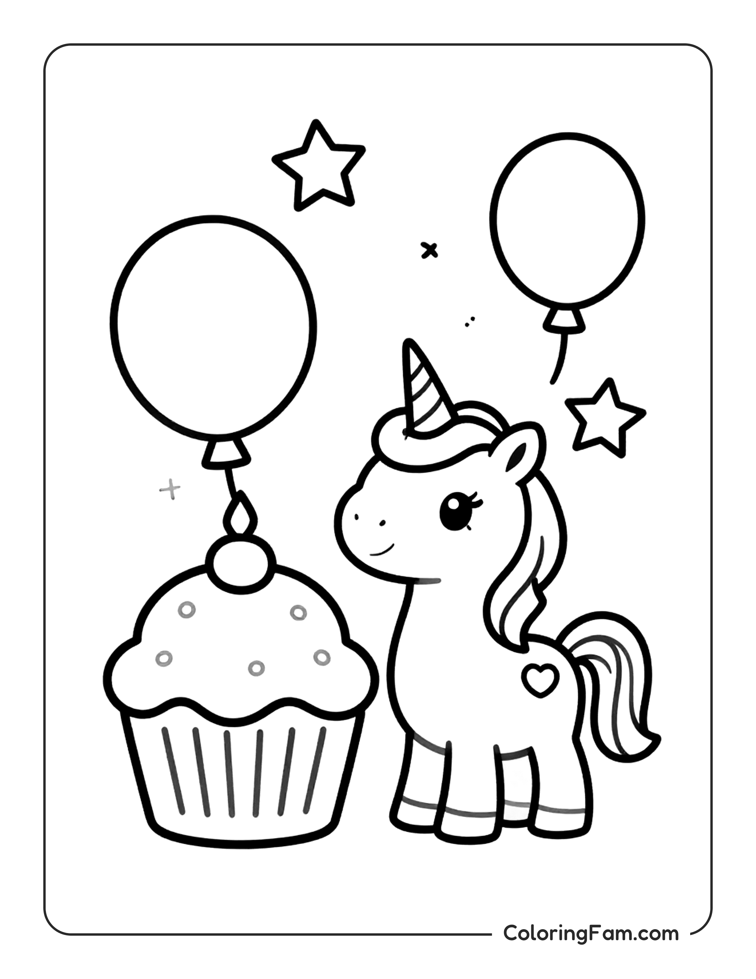 Unicorn With Cupcake Balloons Coloring Page Coloringfam