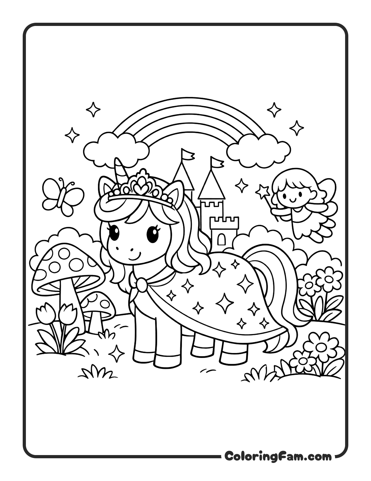 Unicorn With Fairy And Castle coloring page