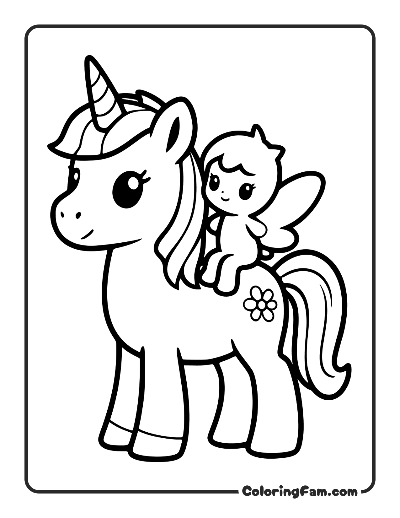 Unicorn With Fairy On Back coloring page
