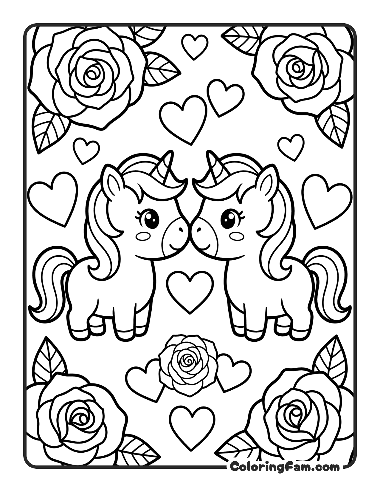 Unicorn With Hearts Roses coloring page