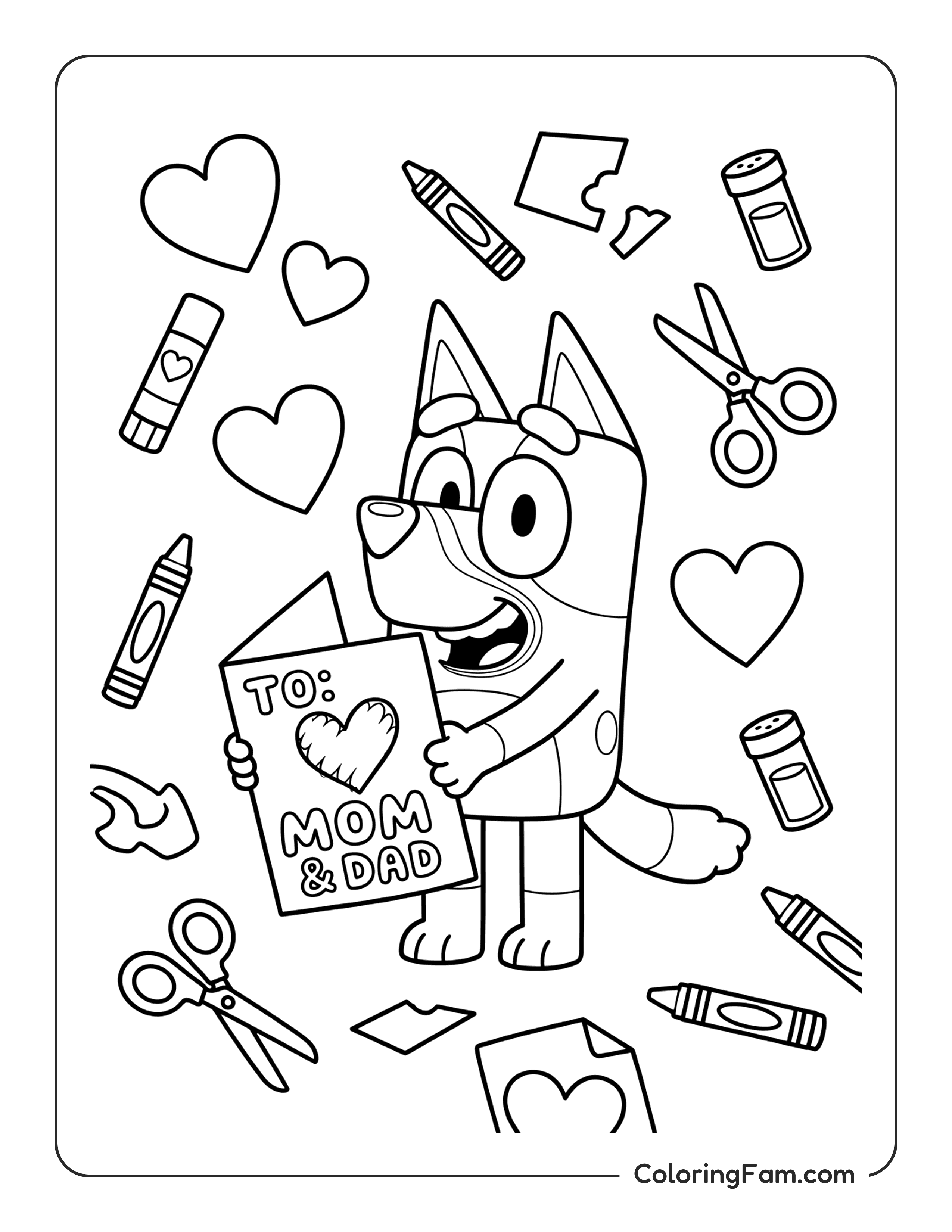 Bluey The Dog Holding A Handmade Valentine Card With A Big S coloring page