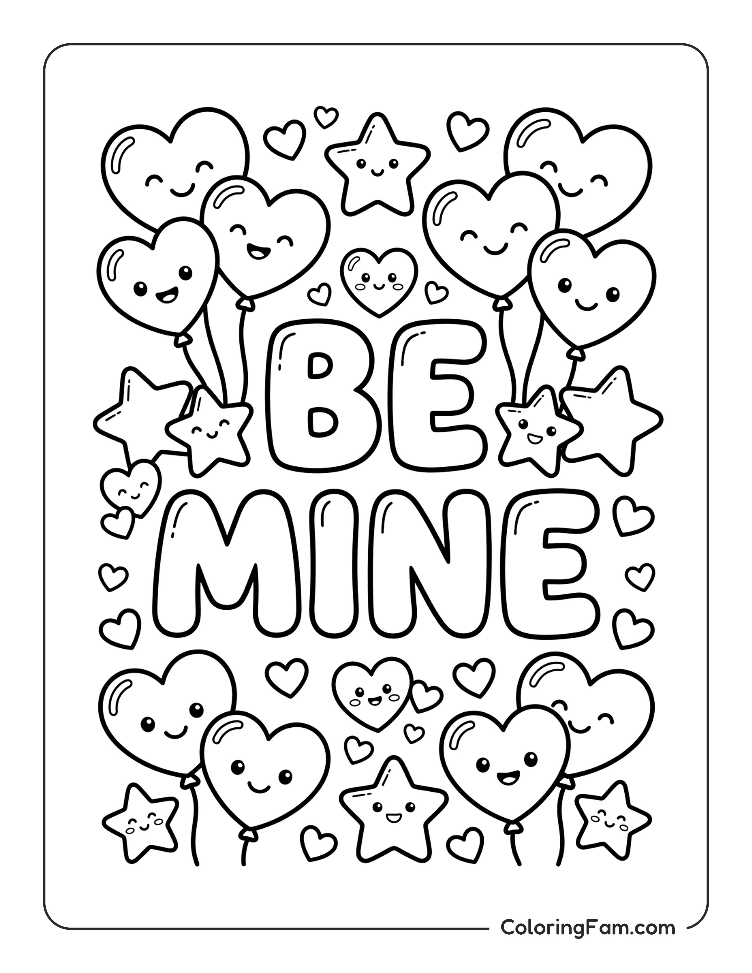 Big Bubble Letters Spelling Be Mine With Simple Hearts Ballo coloring page