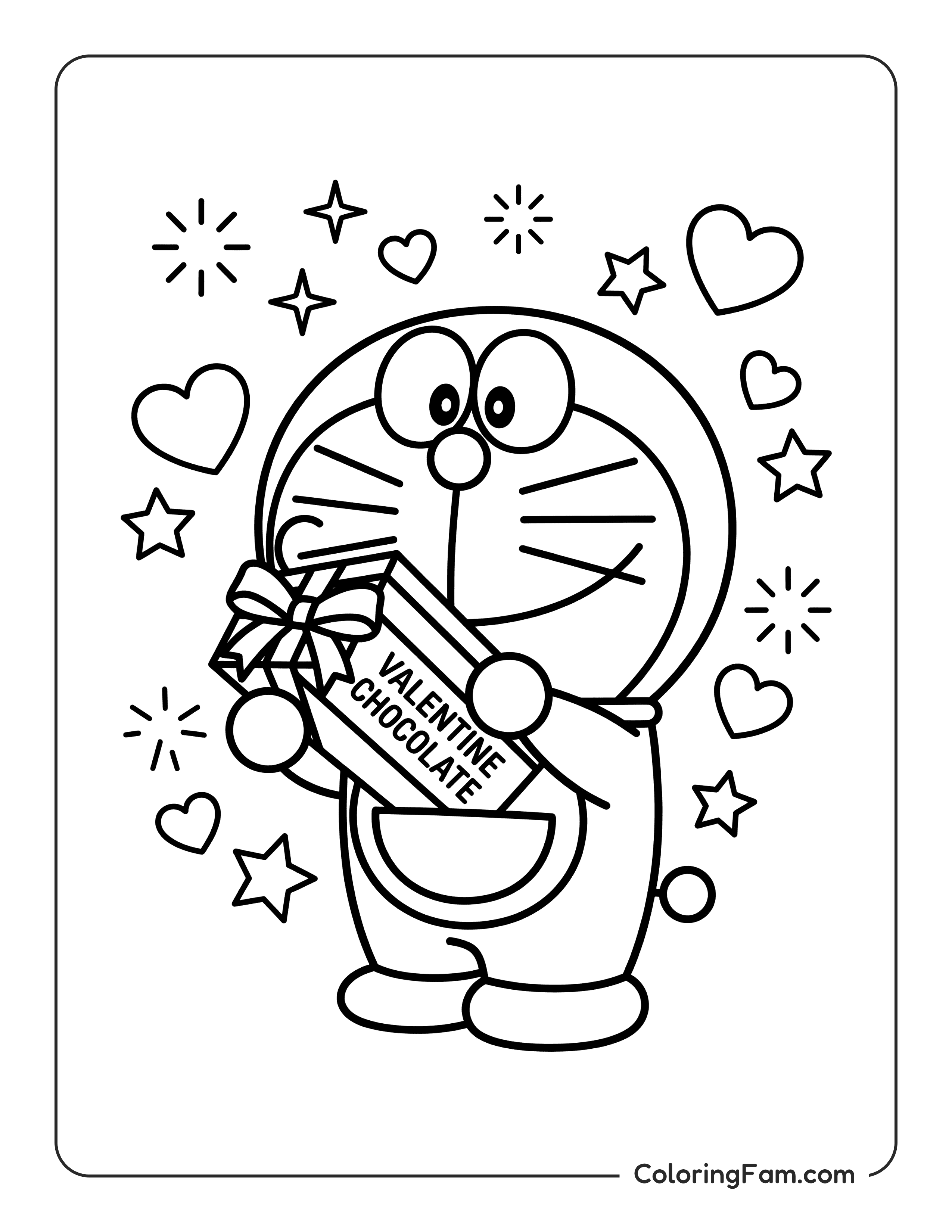 Doraemon Pulling A Valentine Chocolate Gift Box From His 4d coloring page