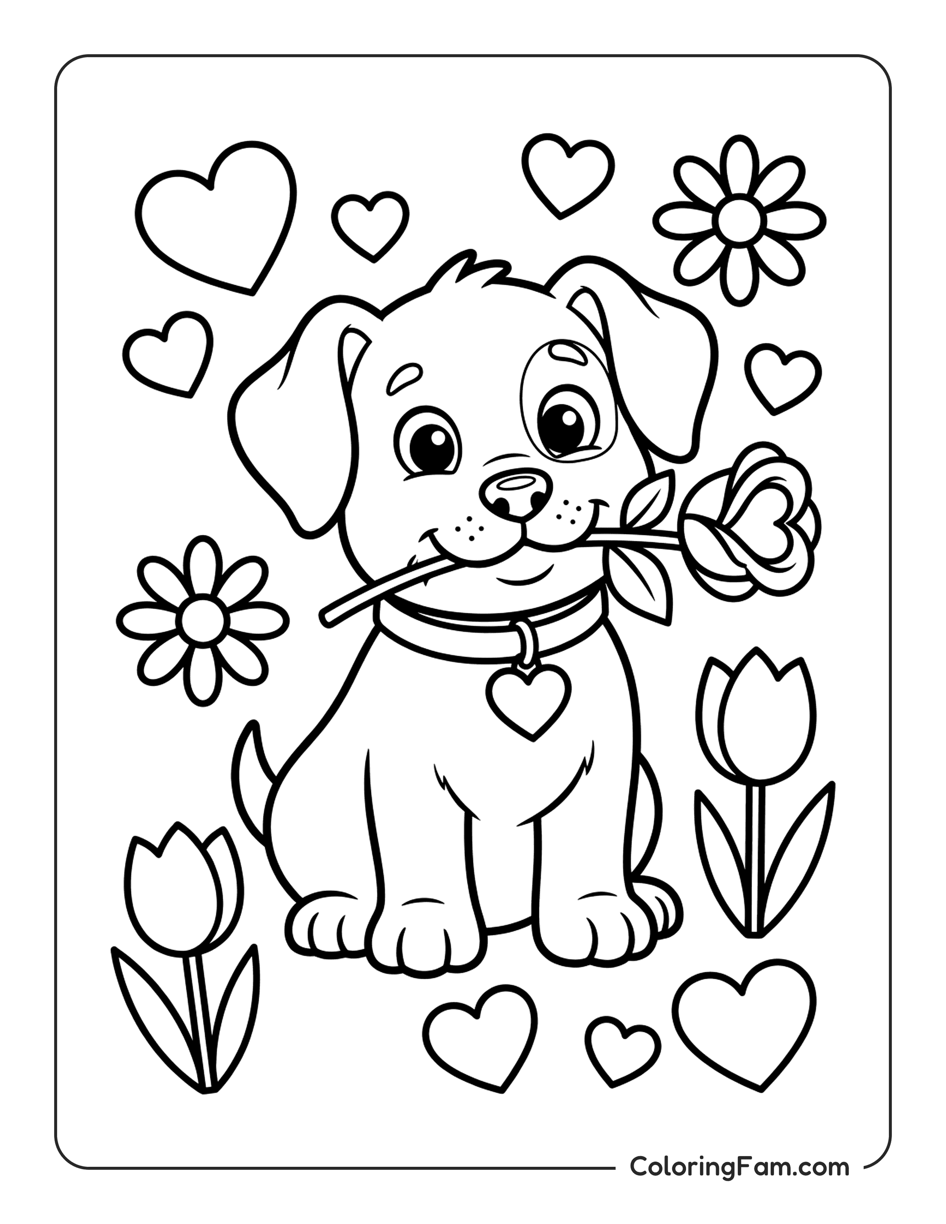 Dog Holding Flower coloring page