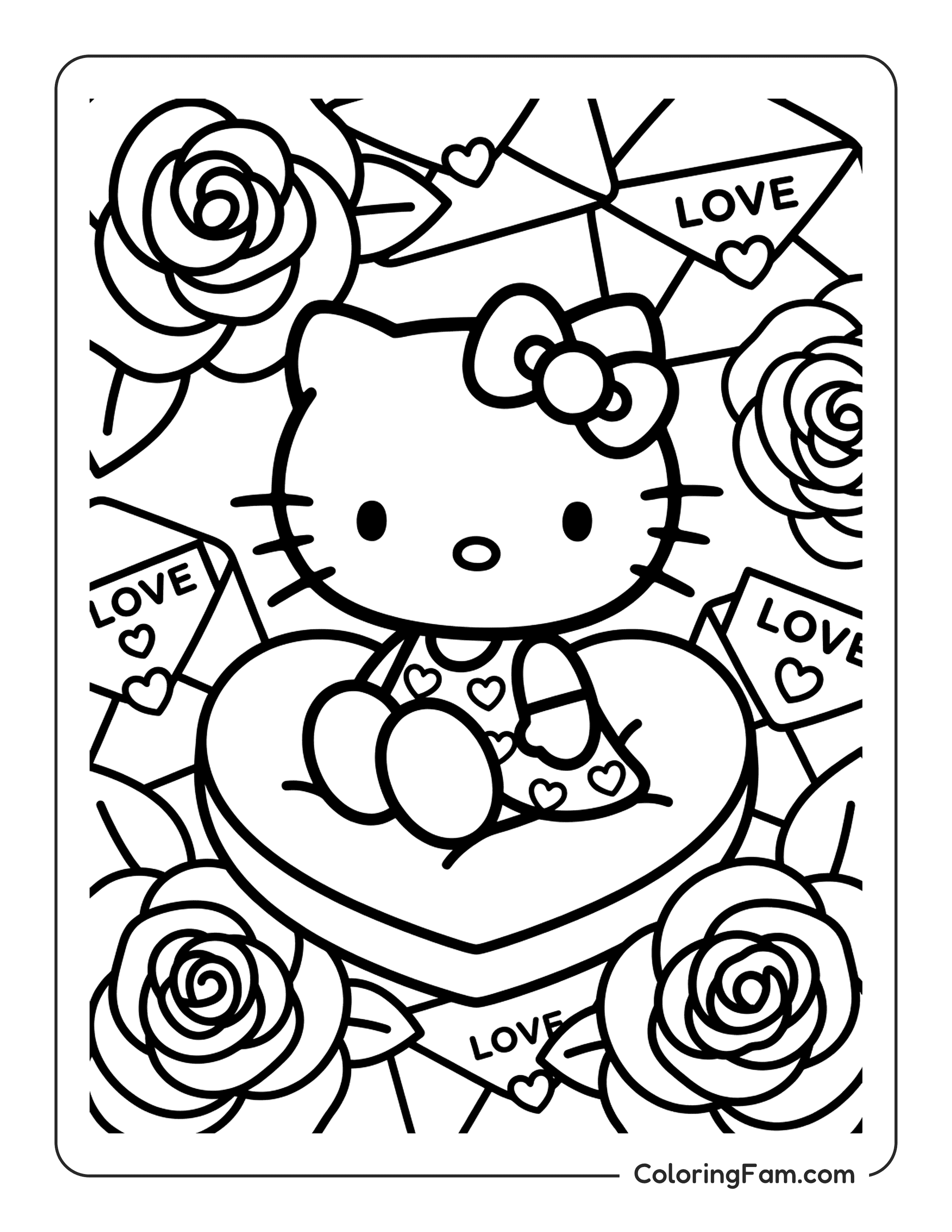 Hello Kitty On Heart With Roses coloring page