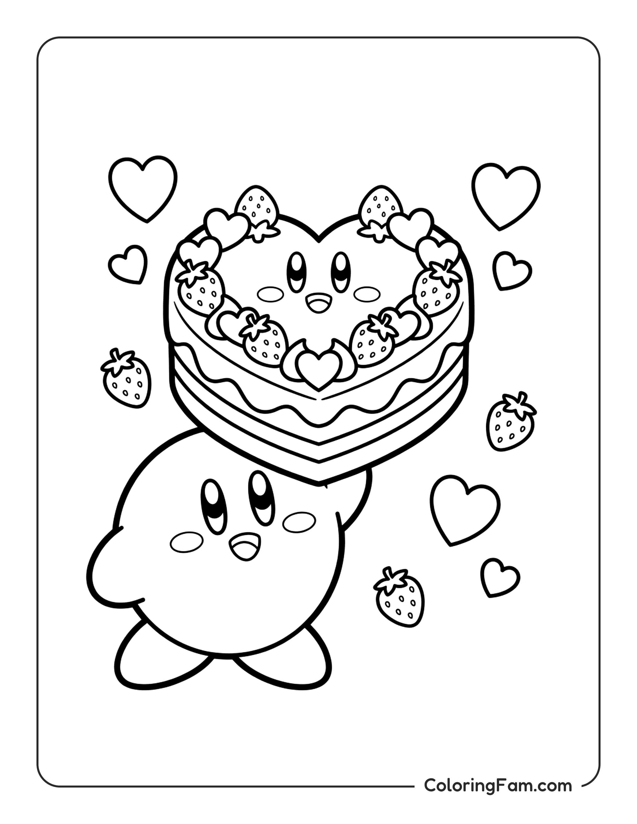 Kirby Holding Strawberry Cake coloring page
