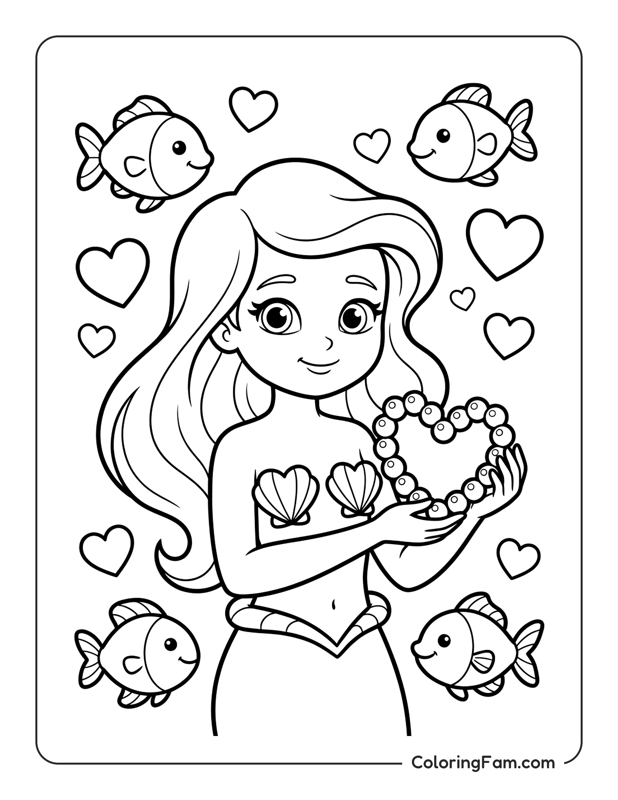 Mermaid Holding Pearl Heart coloring page
