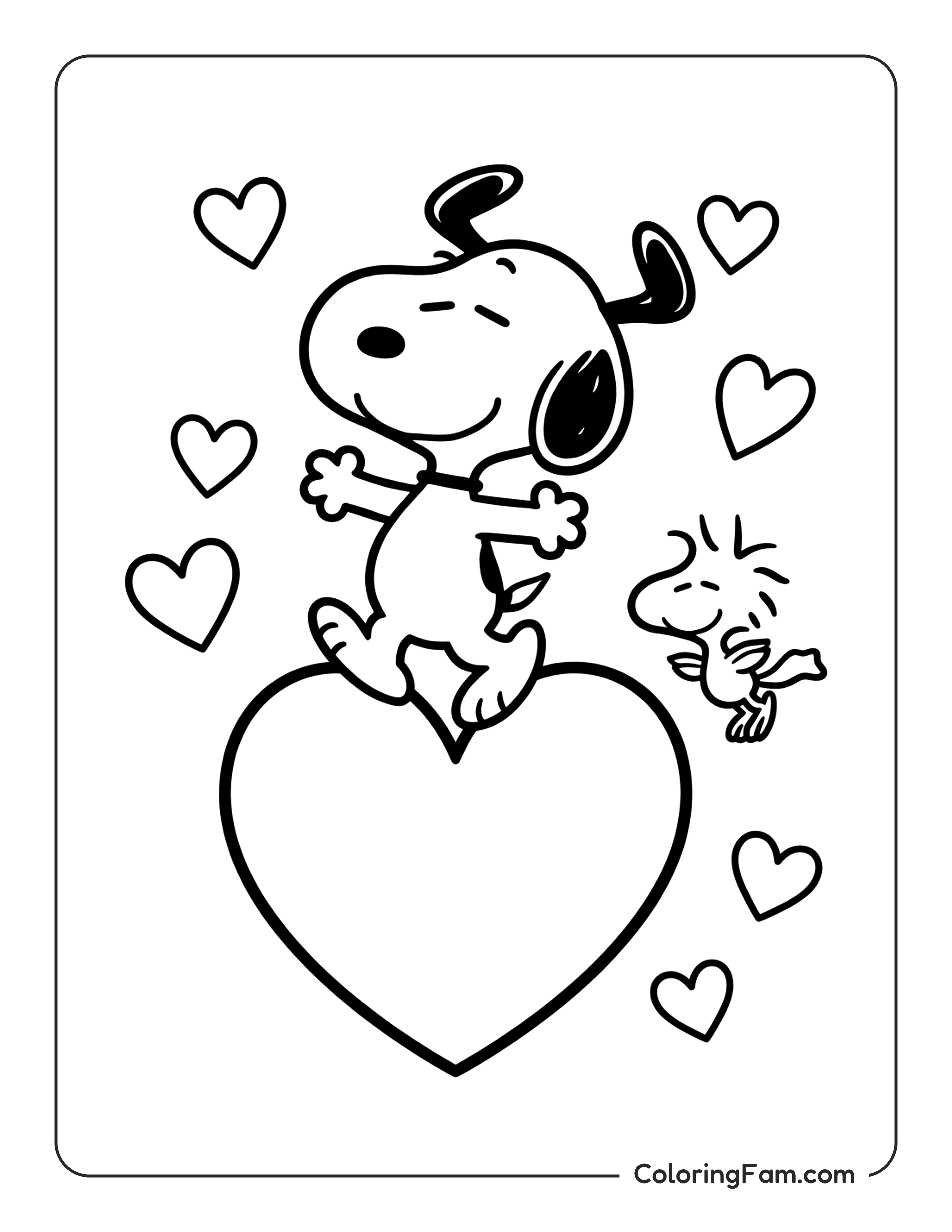 Snoopy Standing On Heart coloring page