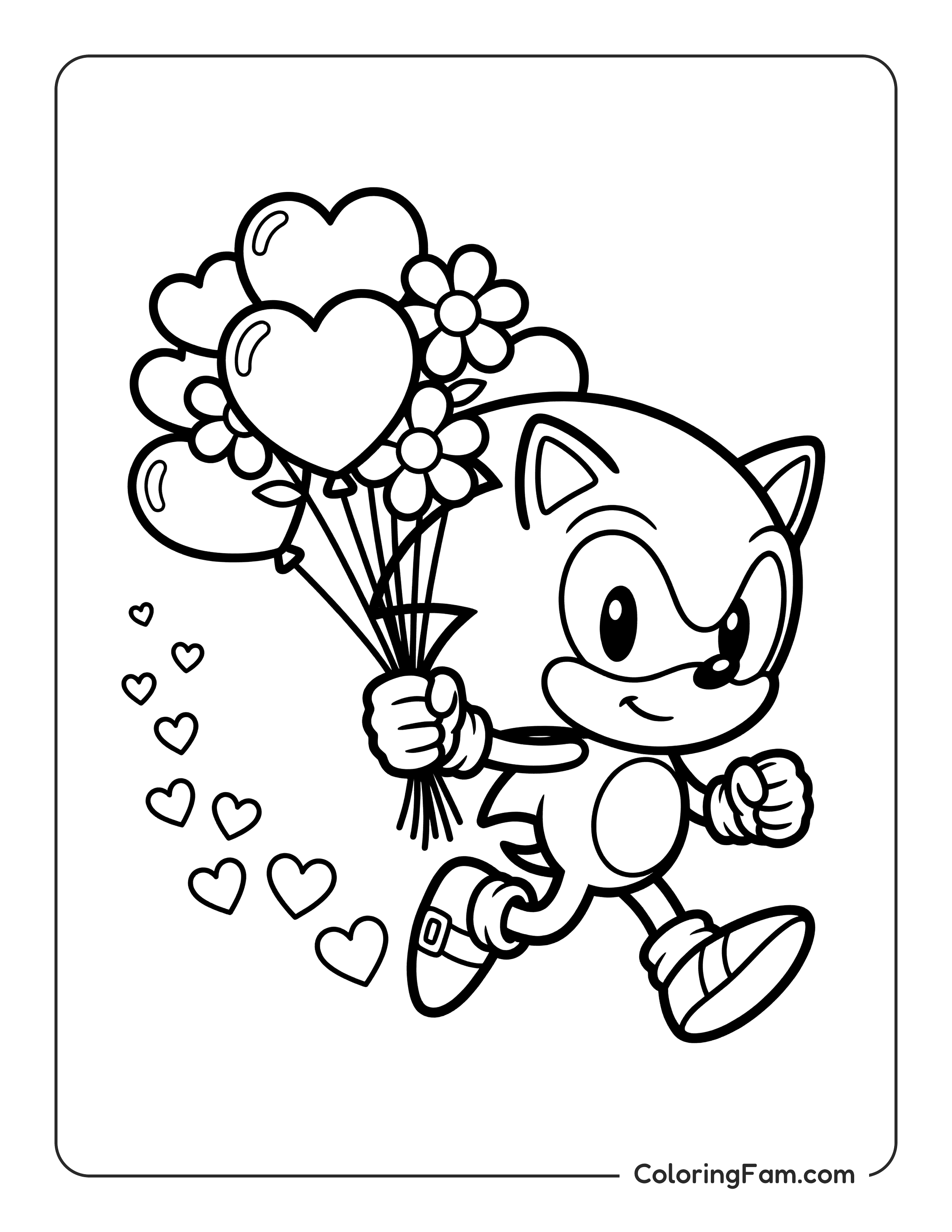 Sonic running with Valentine balloons coloring page