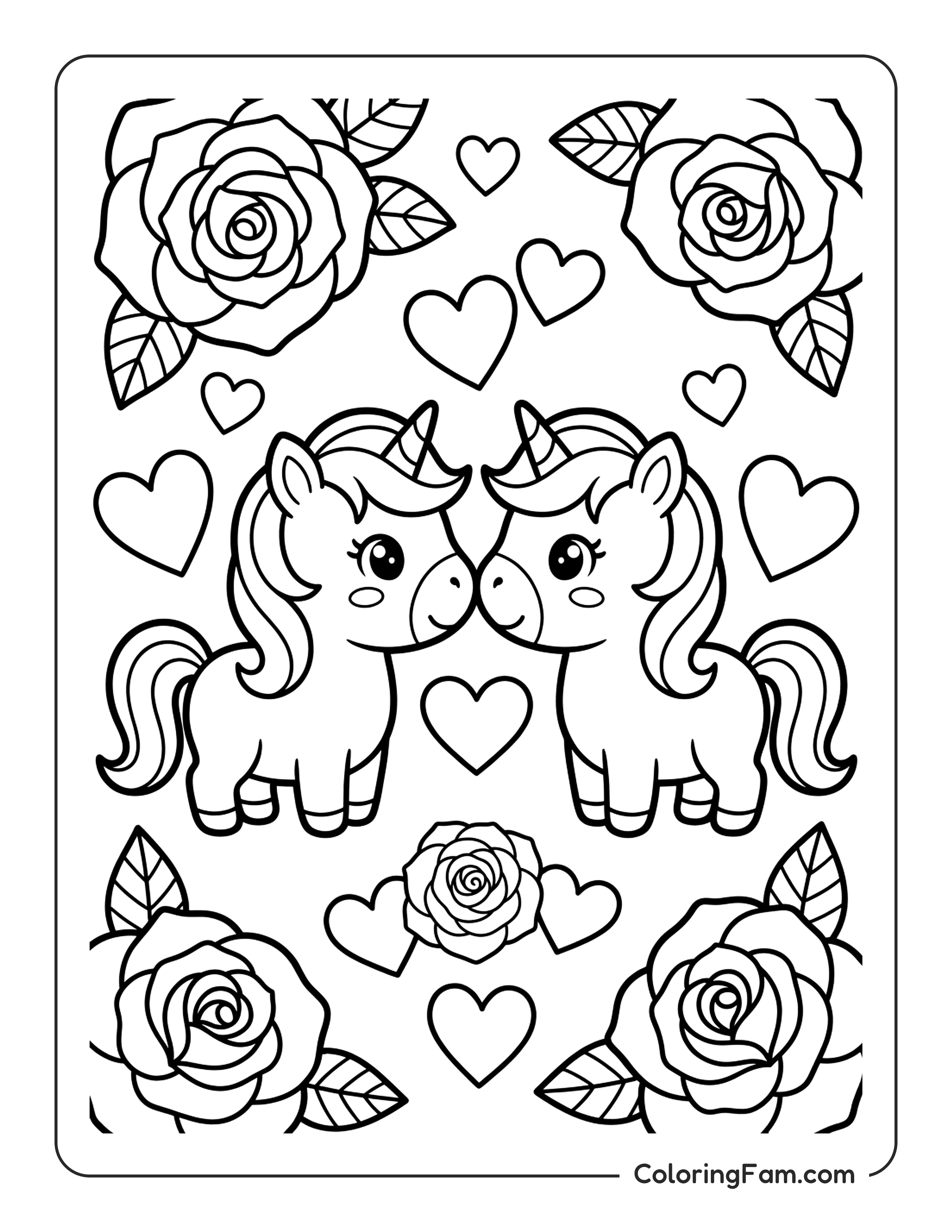 Unicorn With Hearts Roses coloring page